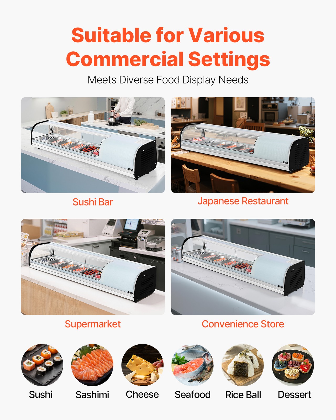 VEVOR Sushi Display Case Refrigerator 2.2 Cu.ft Countertop Sushi Case with 6 Pan