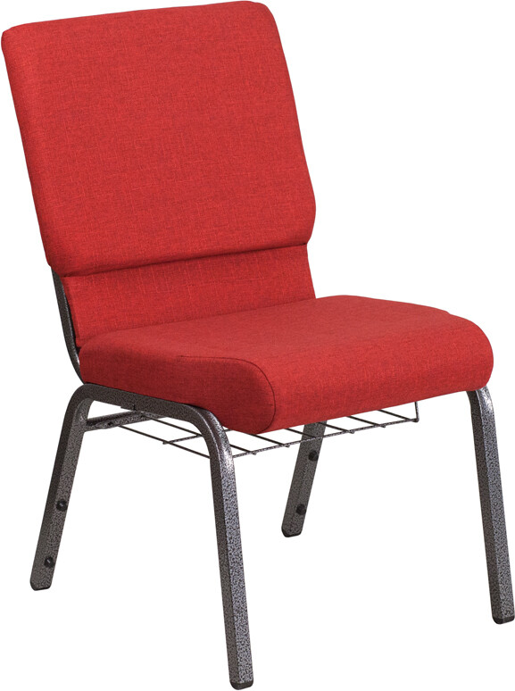 18.5» Wide Red Fabric Church Chair with Book Rack and Silver Vein Frame