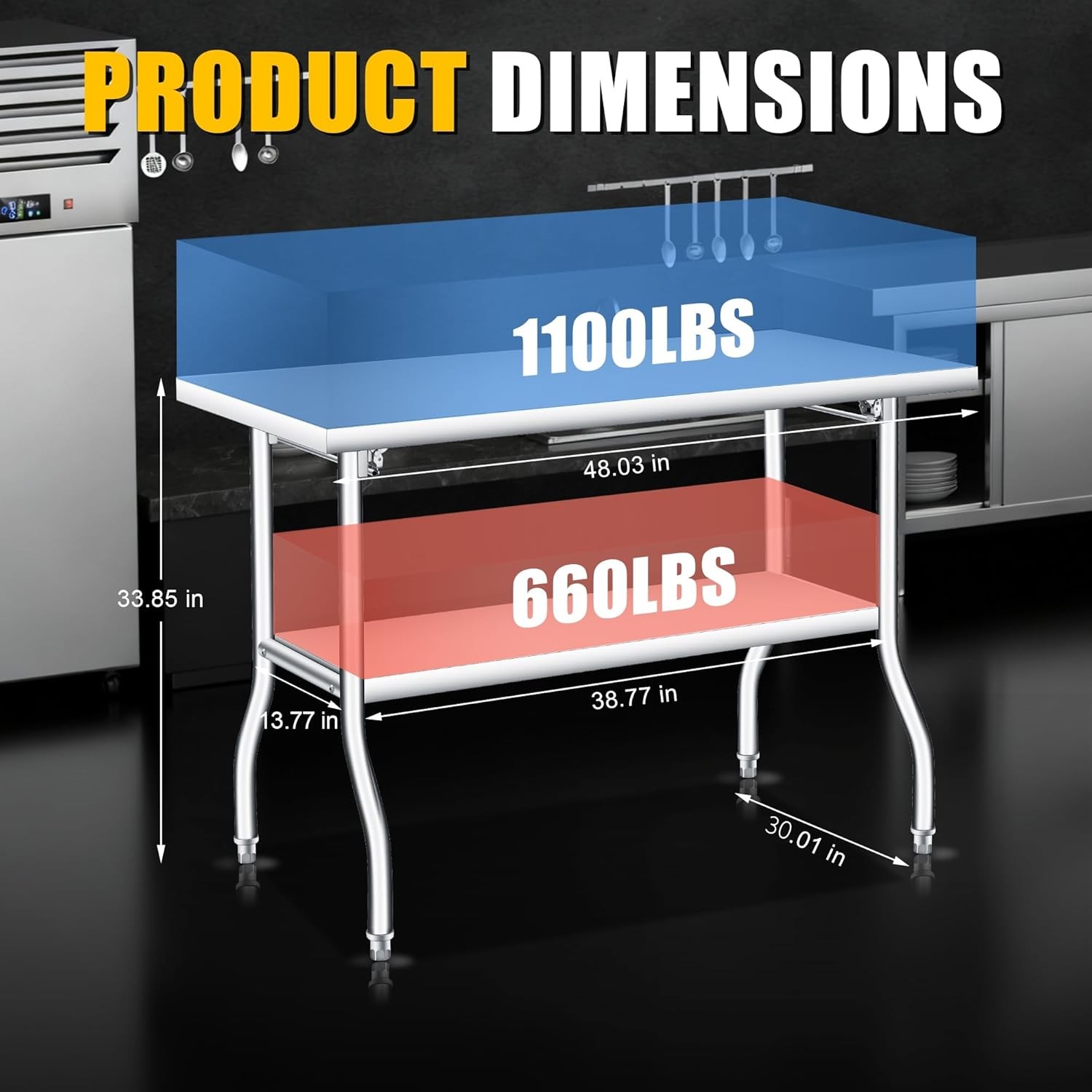 Folding Stainless Steel Table, Portable Workbench with Undershelf for Kitchen