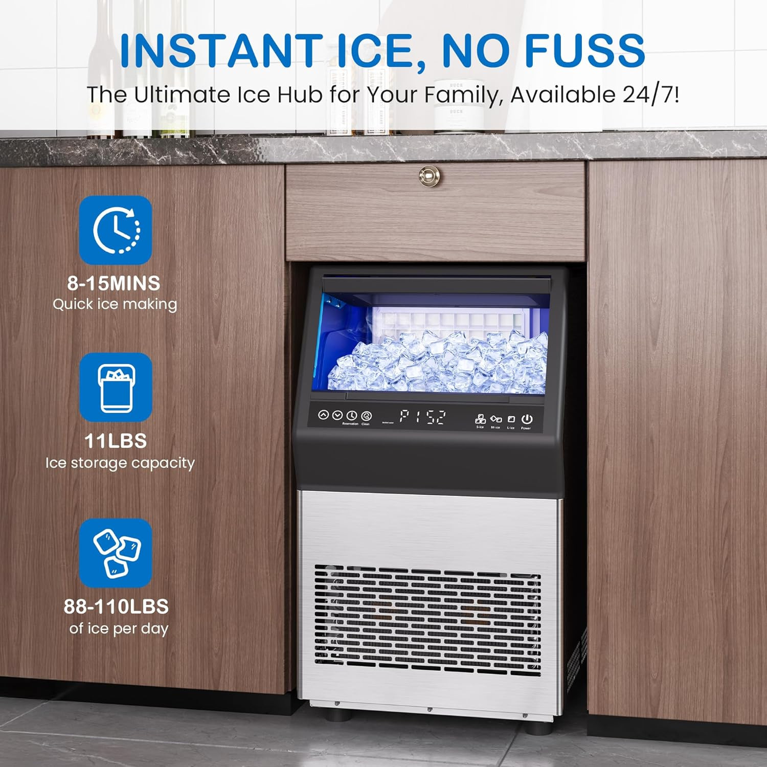 Commercial Ice Maker Machine, 110Lbs/24H Stainless Steel Undercounter Freestandi