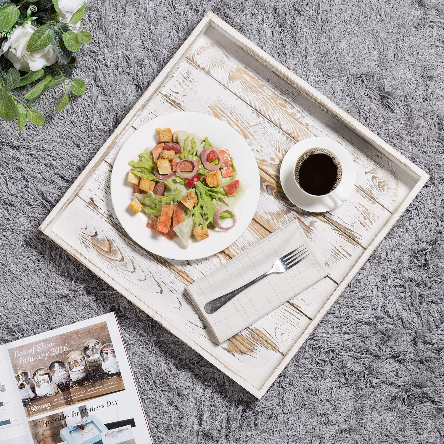 MyGift Whitewashed Wood Large Serving Tray 18.9″ x x 2″,