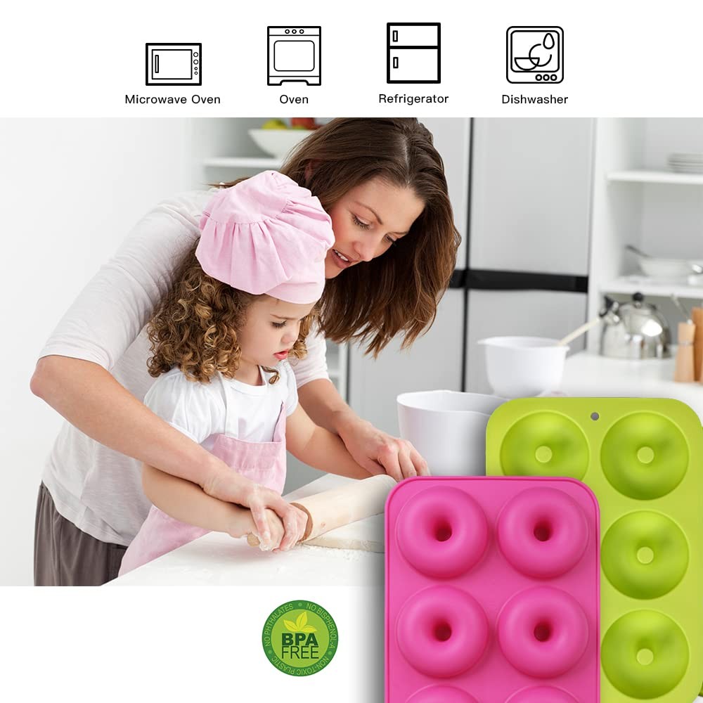 homEdge Silicone Donut Molds, 2-Pack of 10*7*1 inches, Pink and Green