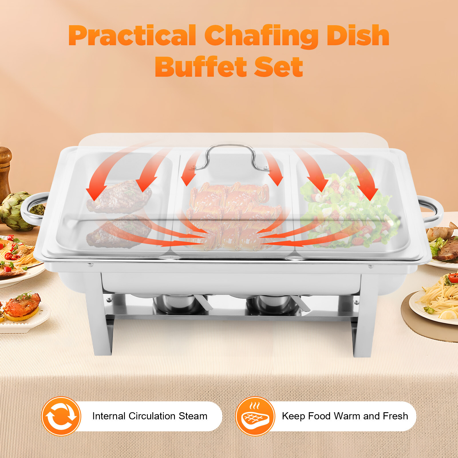 3 Pan Food Warmer Stainless Steel Buffet Set Food Pan Catering Chafer with Lid
