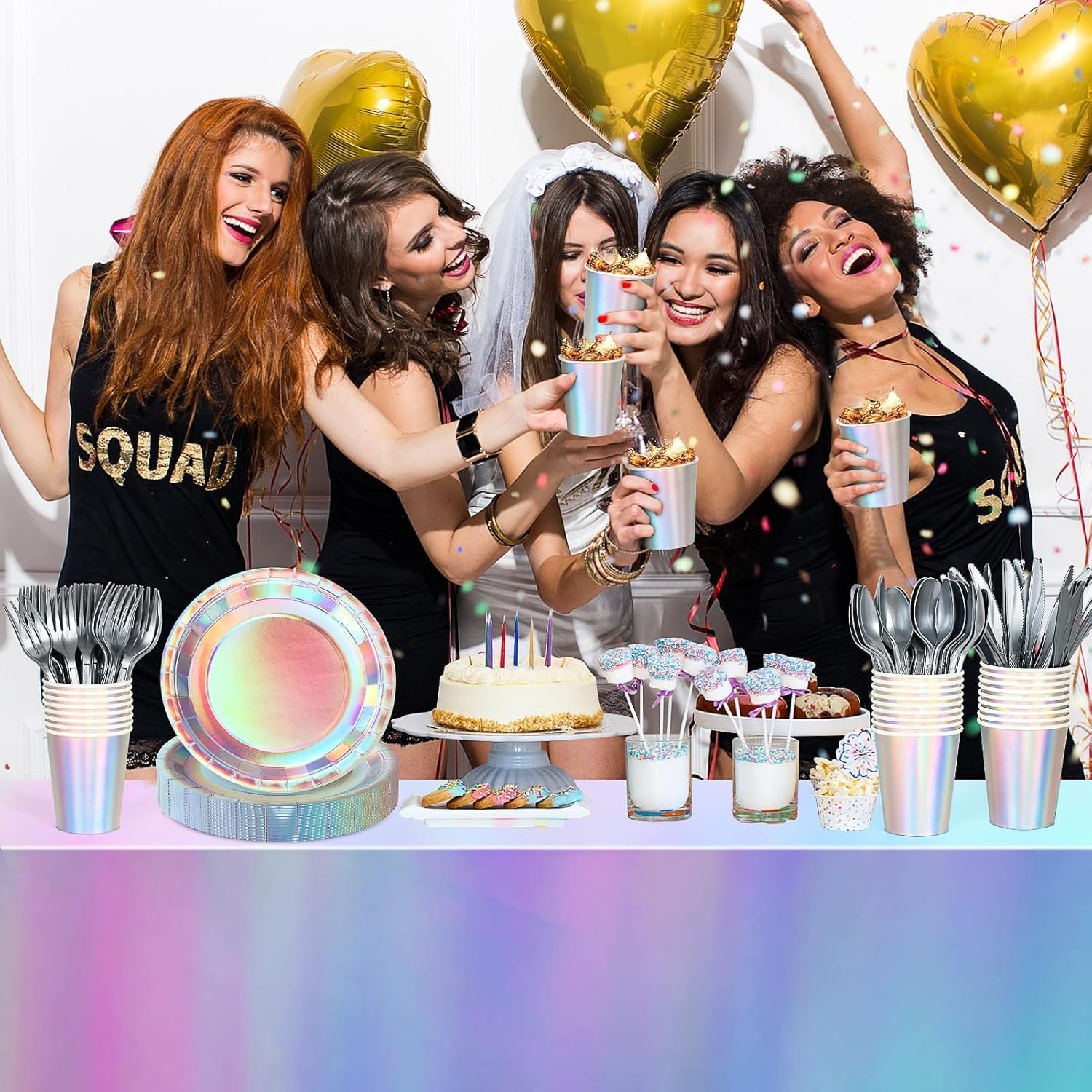 Iridescent Party Decorations,132 Pcs Disposable Iridescent Party Plates Cups