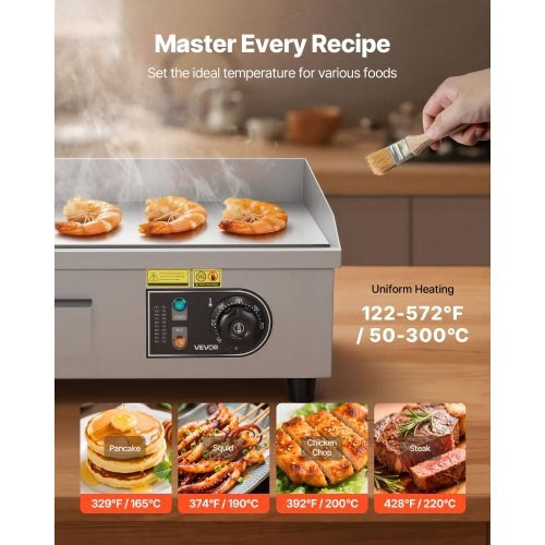 Commercial Electric Griddle, 17.72 x 11.81 inch, 1750W, 122-570°F Adjustable Te