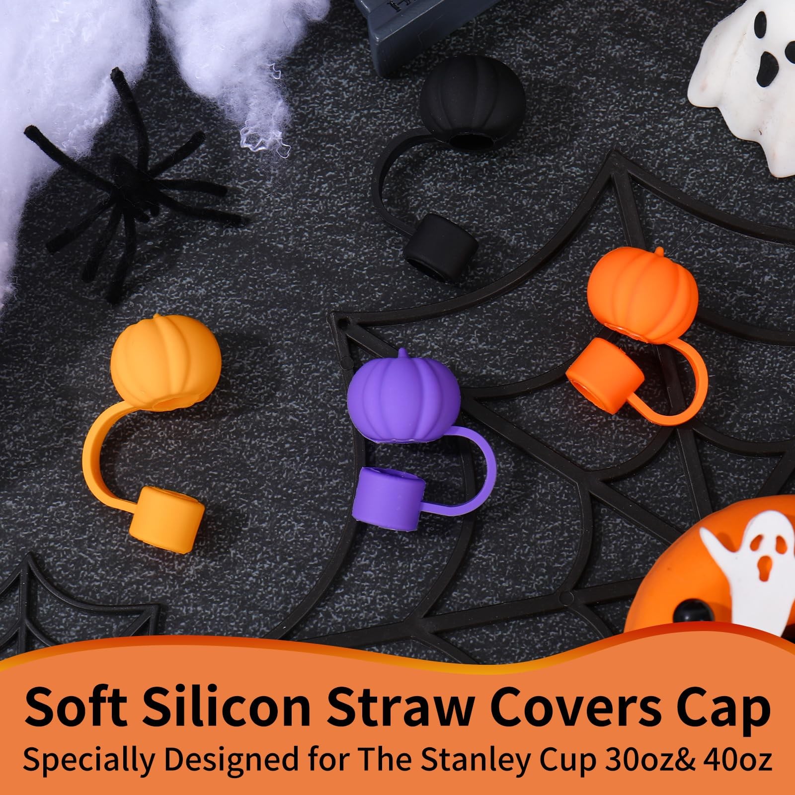 Whaline 4 Pcs Halloween Straw Cover Cap 0.4 inch, Orange Yellow Purple Black
