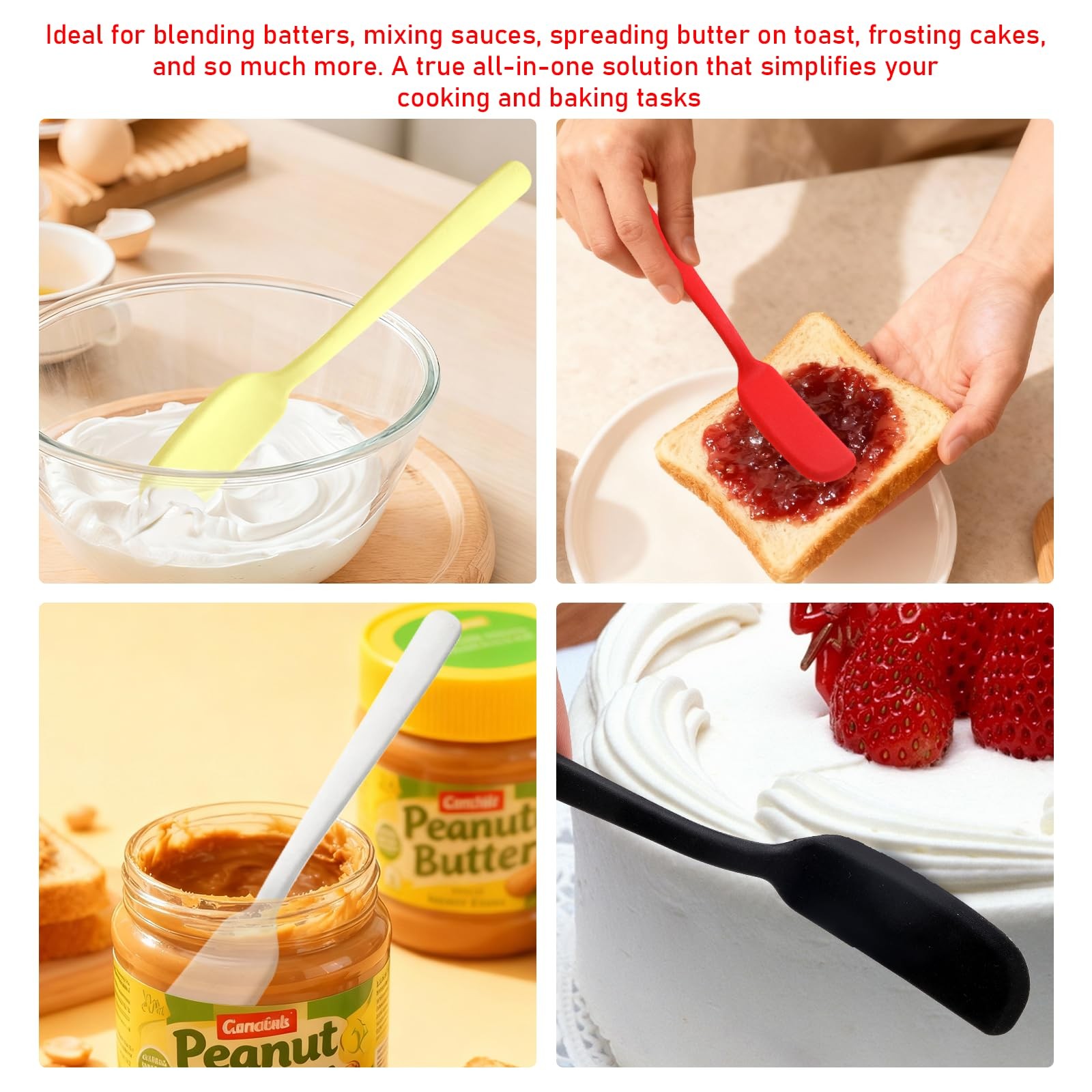 4 PCS Silicone Jar Spatula – All-in-One 7.2 inch, Black Red Yellow Grey