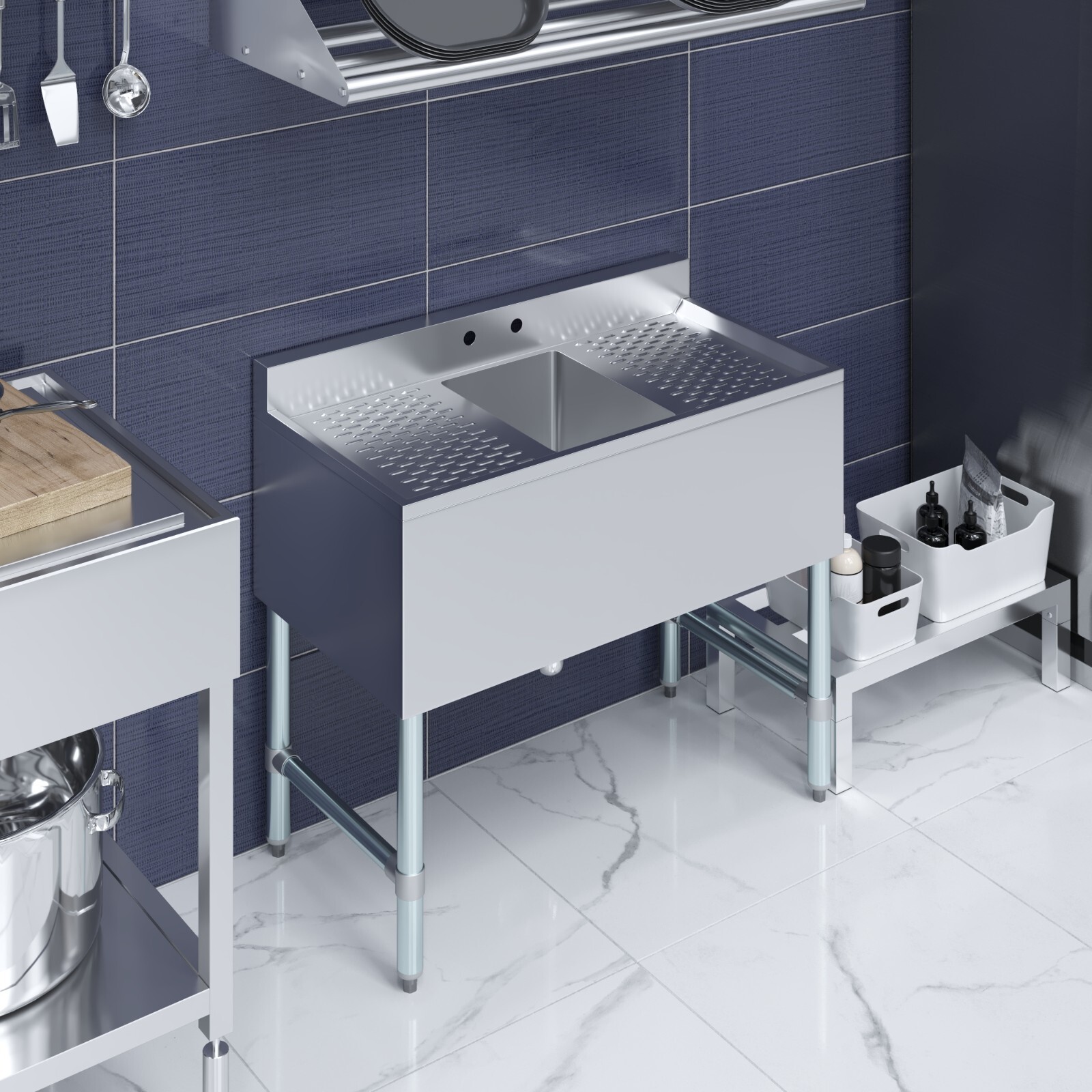 36 in. x 19 in. One Compartment Underbar Sink With Left and Right Drainboards