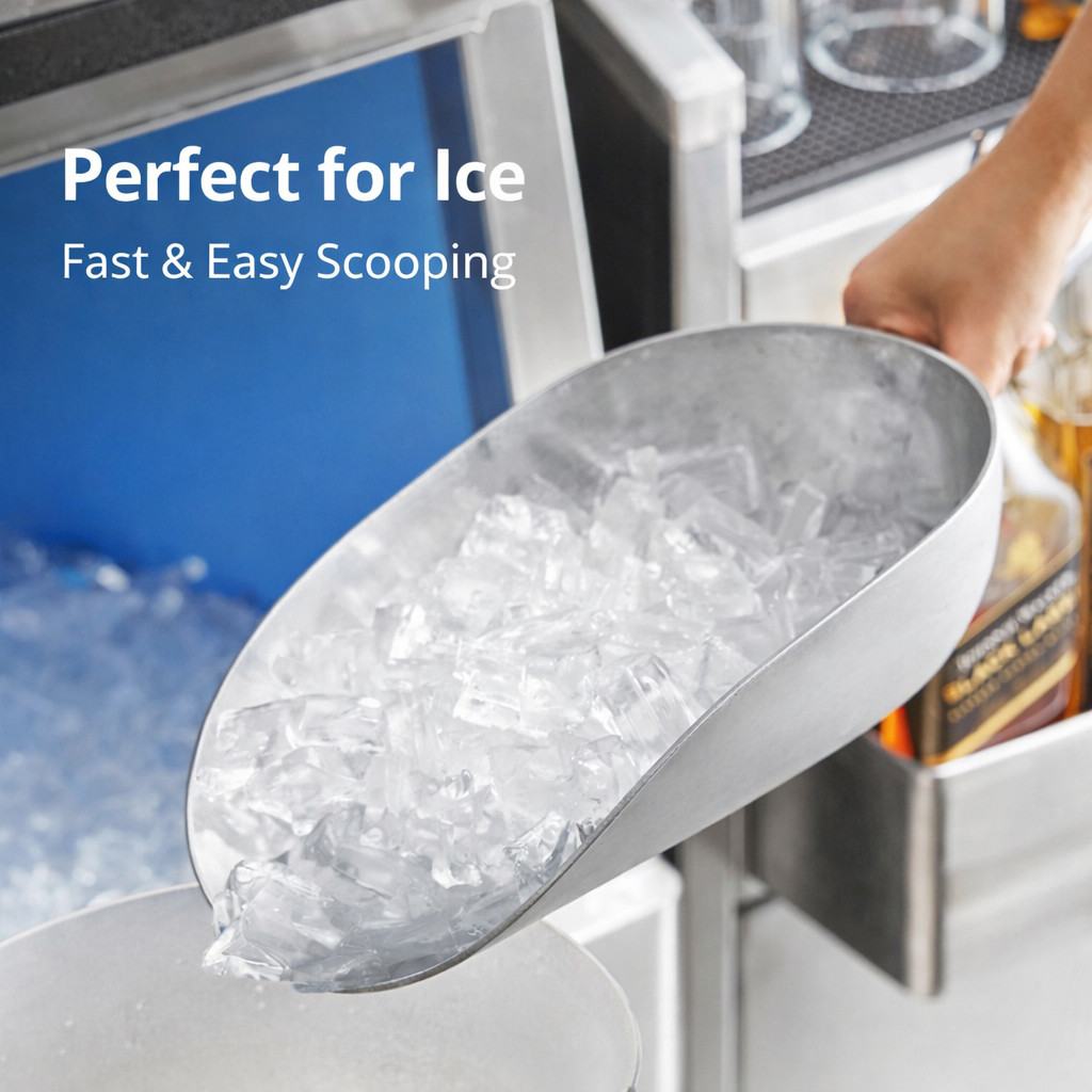 Choice 85 oz Aluminum Ice Scoop One-Piece Utility Scoop 16.5″ Handle Silver