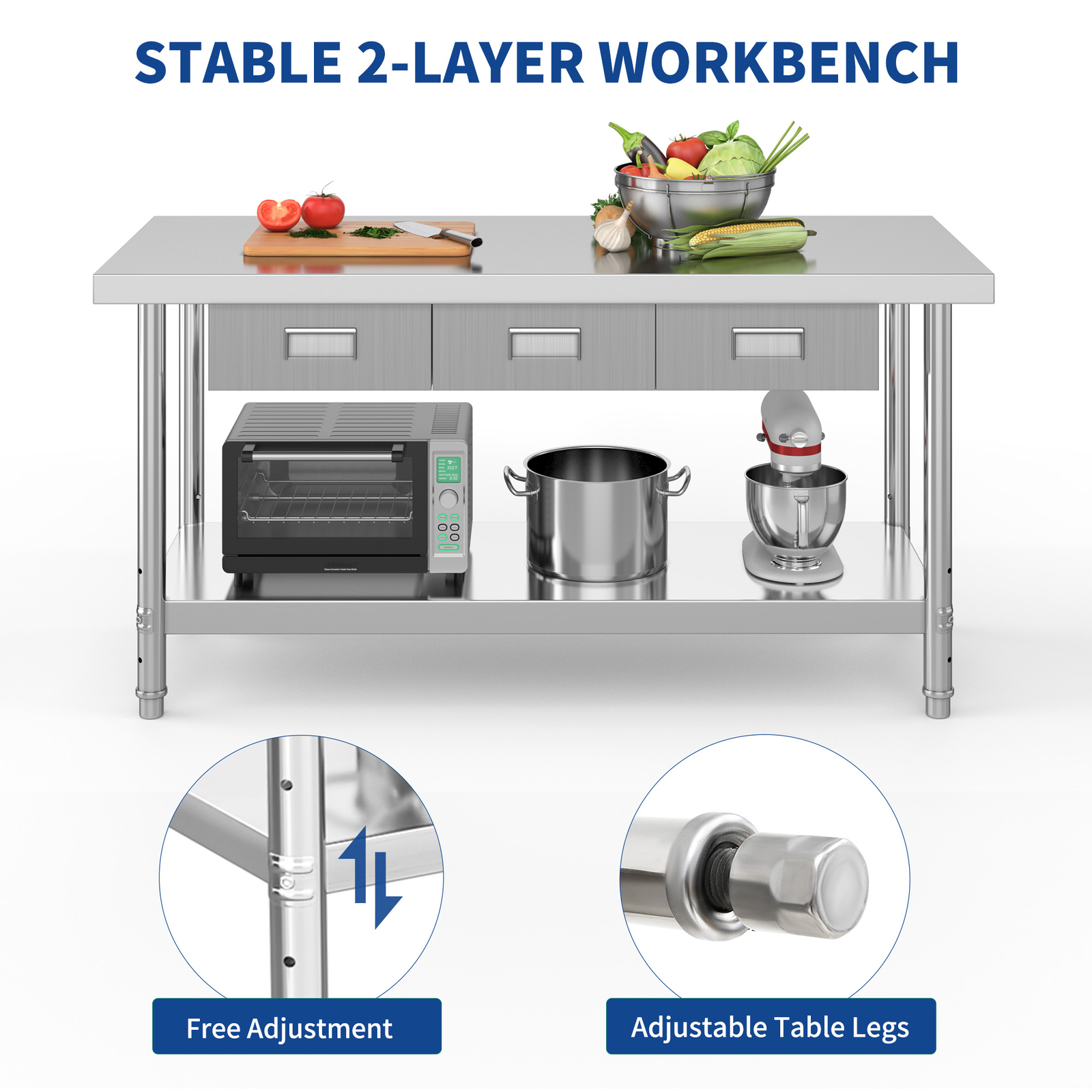 60″ X 24″ Stainless Steel Table Work Table Metal Table Prep Table with 3 Drawers