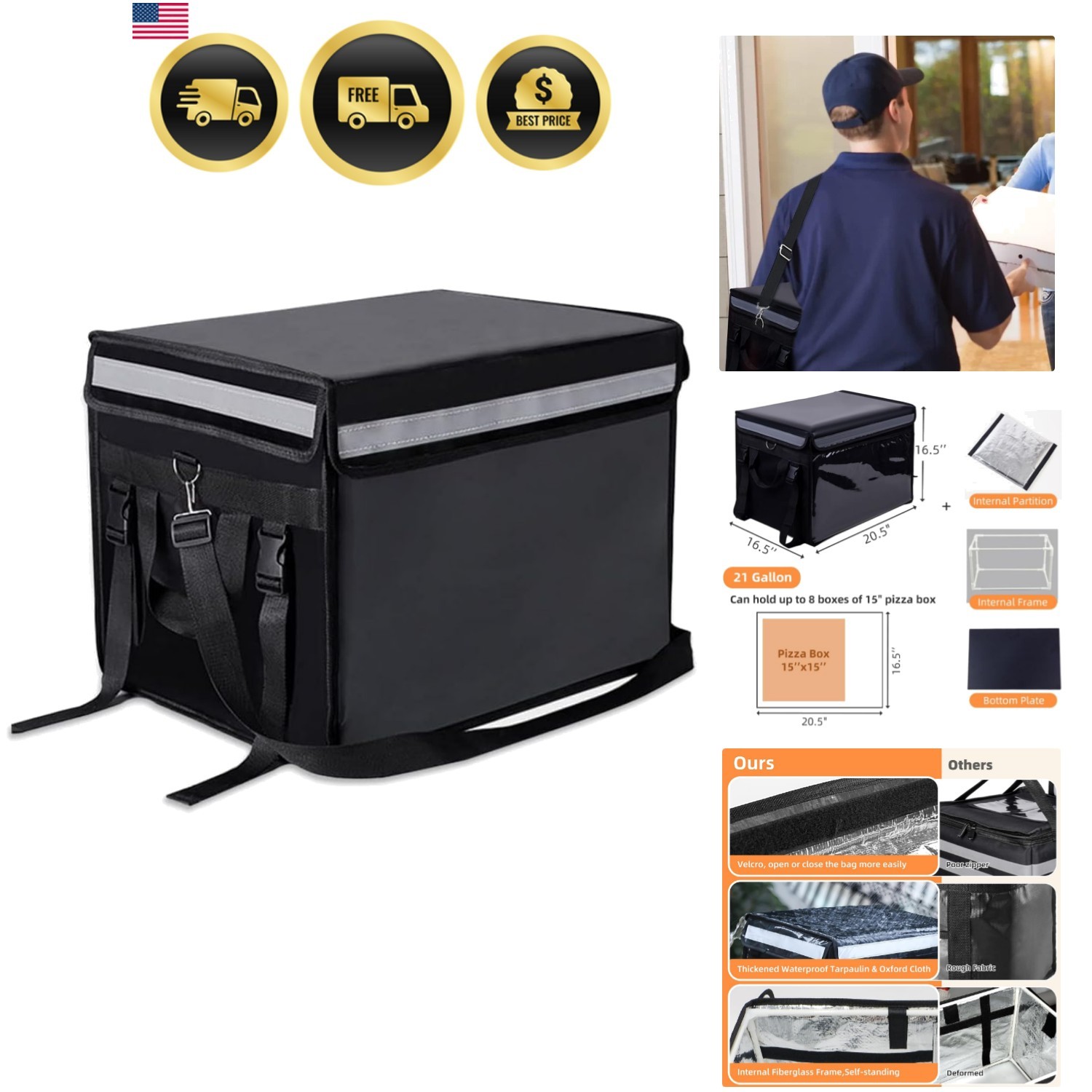 Insulated Bags For Food Delivery XXXL- 20.5″ x 16.5″ x 16.5″, Commercial Insu…