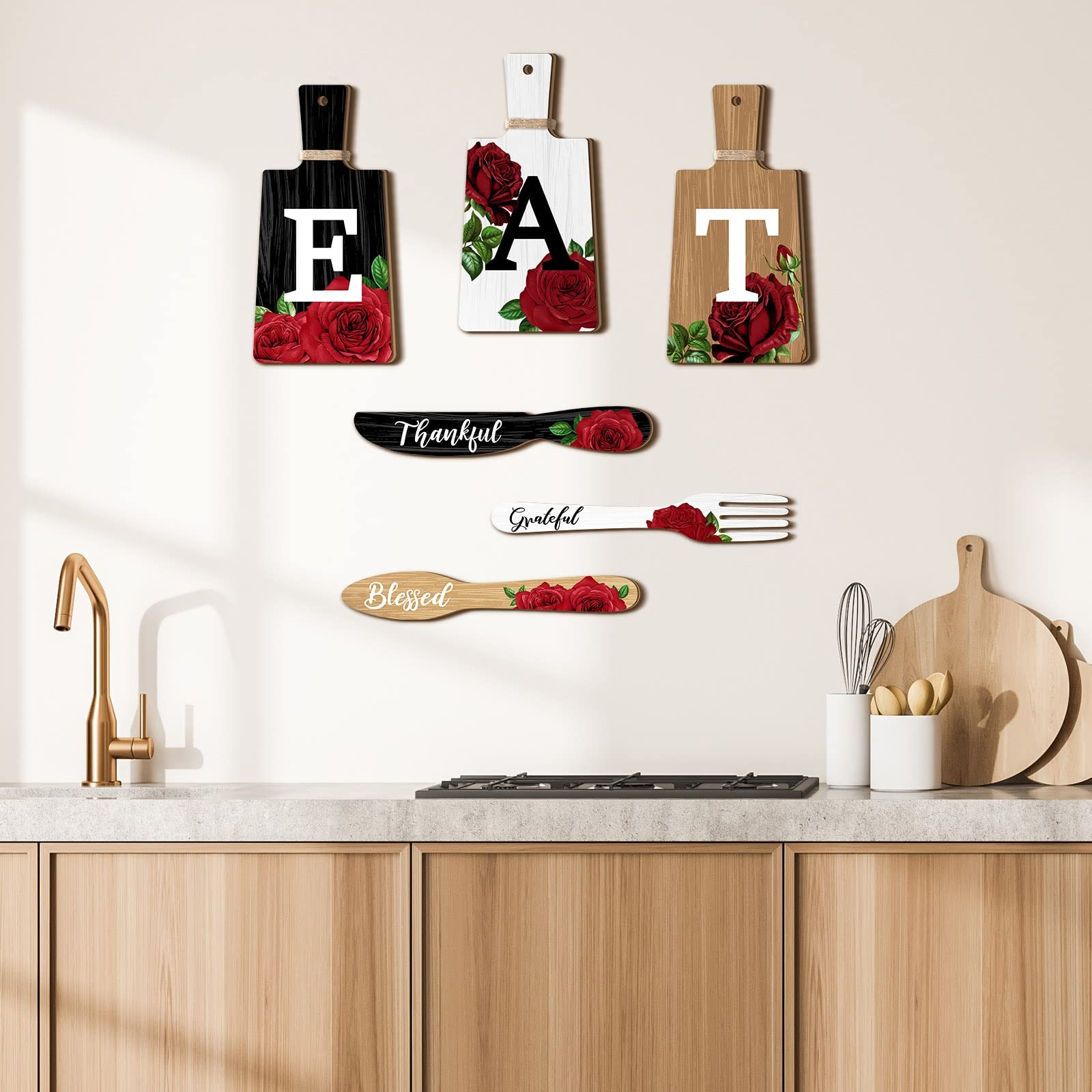 6 Pcs Kitchen Wall Decor Cutting Board Eat Sign Farmhouse Red Rose Wooden Kitche