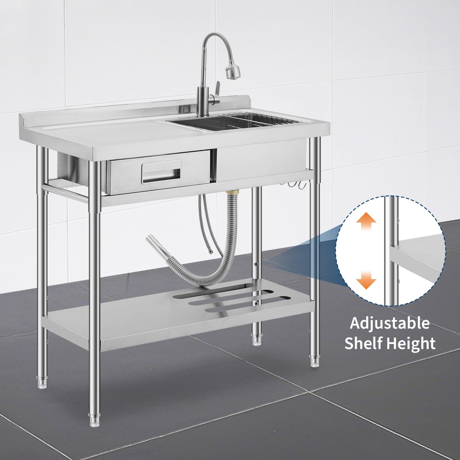 39.4×23.6×31.5″ Stainless Steel Commercial Utility Sink Single Bowl with Drawer