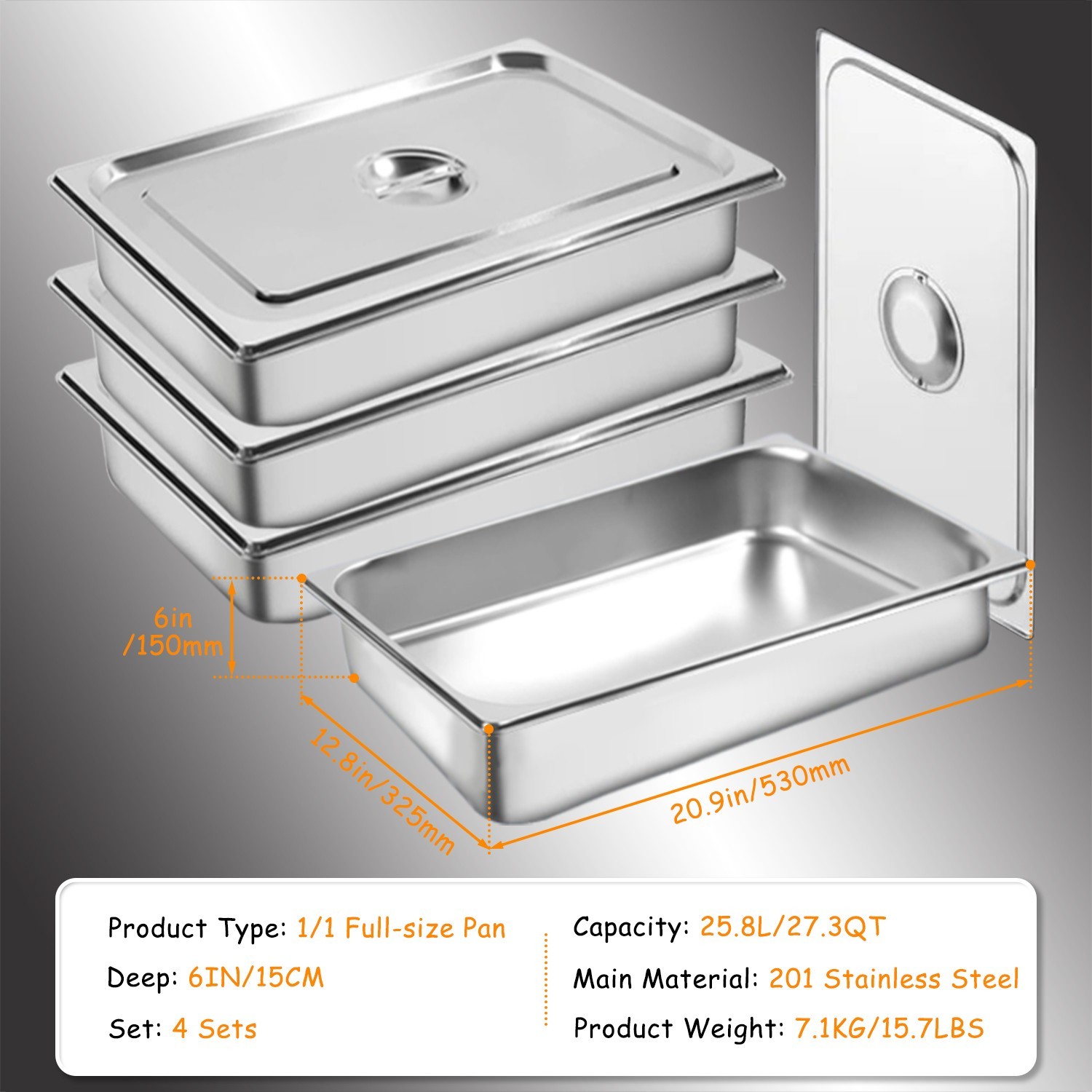 4 Pack 6″ Deep Stainless Steel Steam Table Pans Hotel Food Prep Pan with Lids