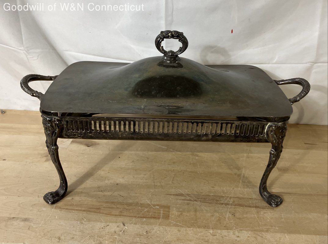 Vintage Silver Plate Chafing Dish Buffet Warmer 4pc Set with Pyrex Glass Insert