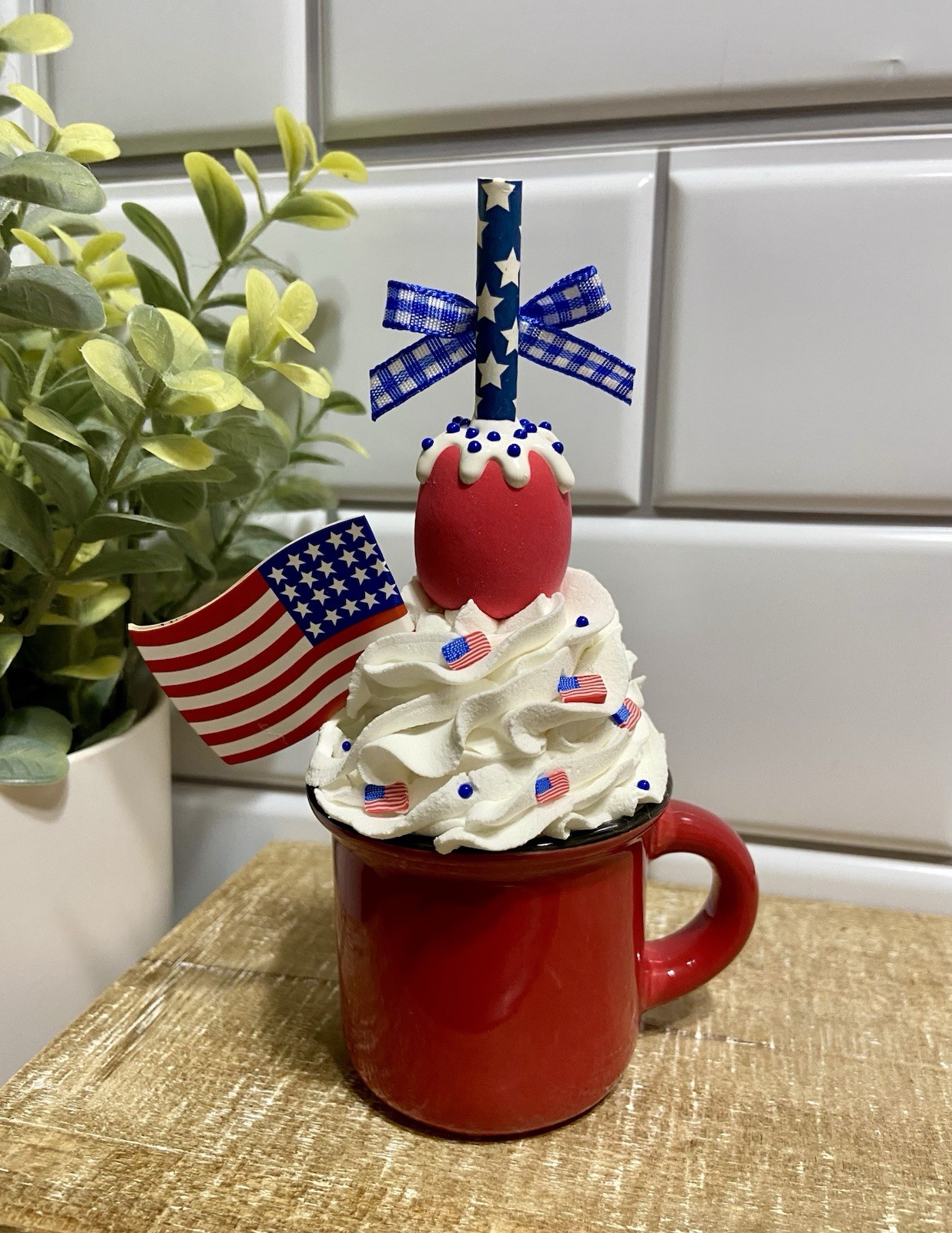 Cute USA Mini Ceramic Mug Faux Fake Whipped Cream Tiered Tray Decor PATRIOTIC