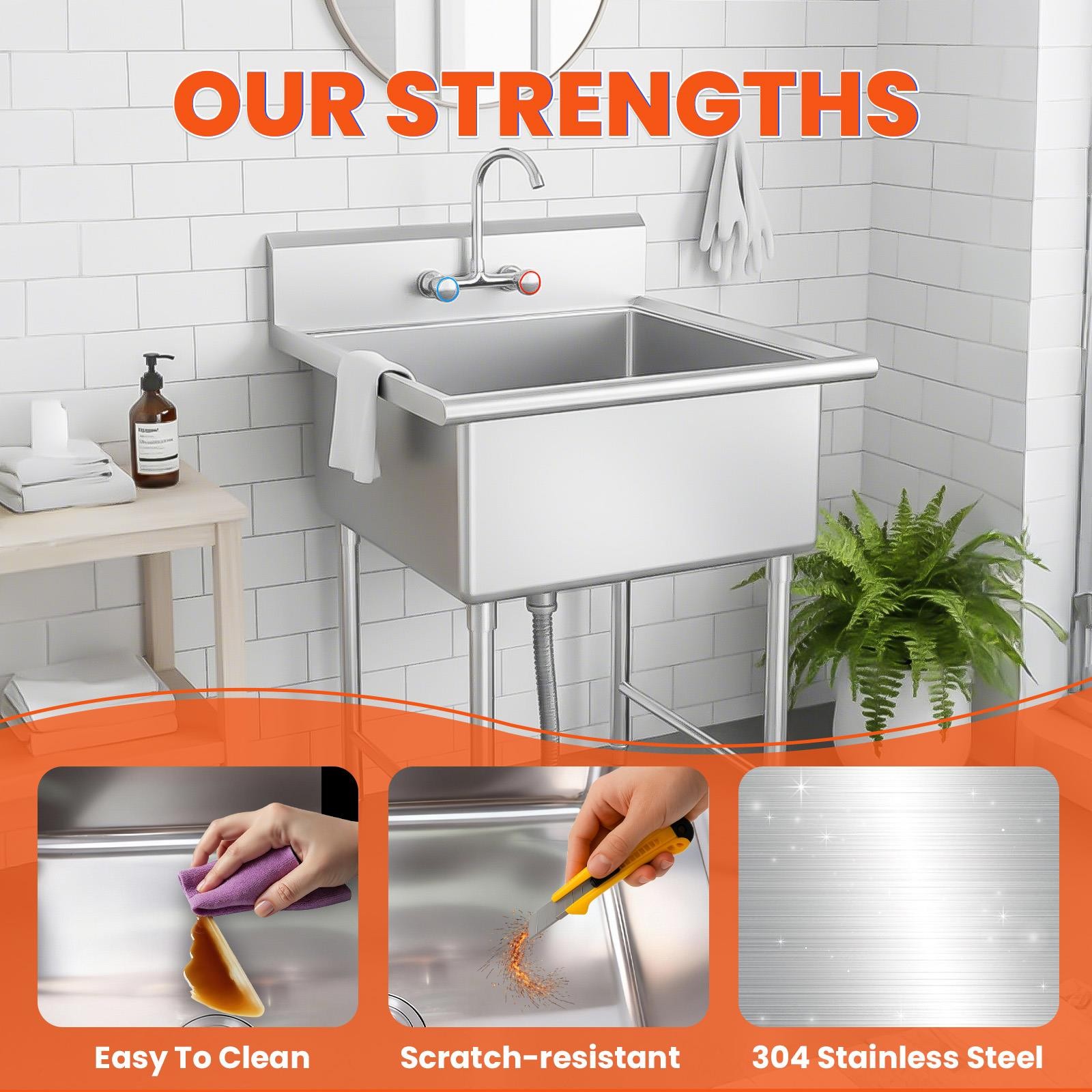 27.56×11.9×27″ Stainless Steel Commercial Utility Sink Hand Wash Laundry Tub