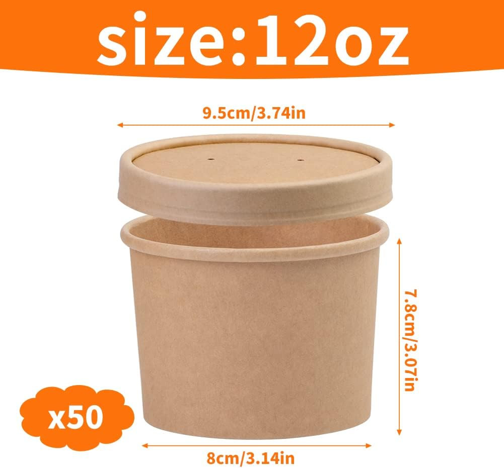 50 Pack 12 Oz Paper Soup Cups with Lids Disposable Kraft Paper Soup Bowls