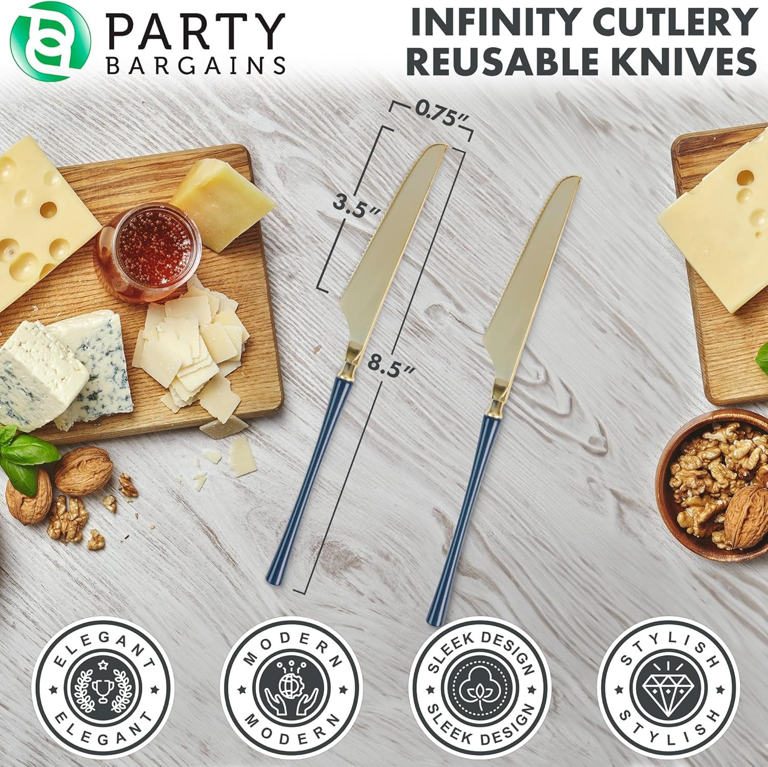 Disposable Plastic Navy Gold Dinner Knives, Infinity Modern Design Utensils, 40