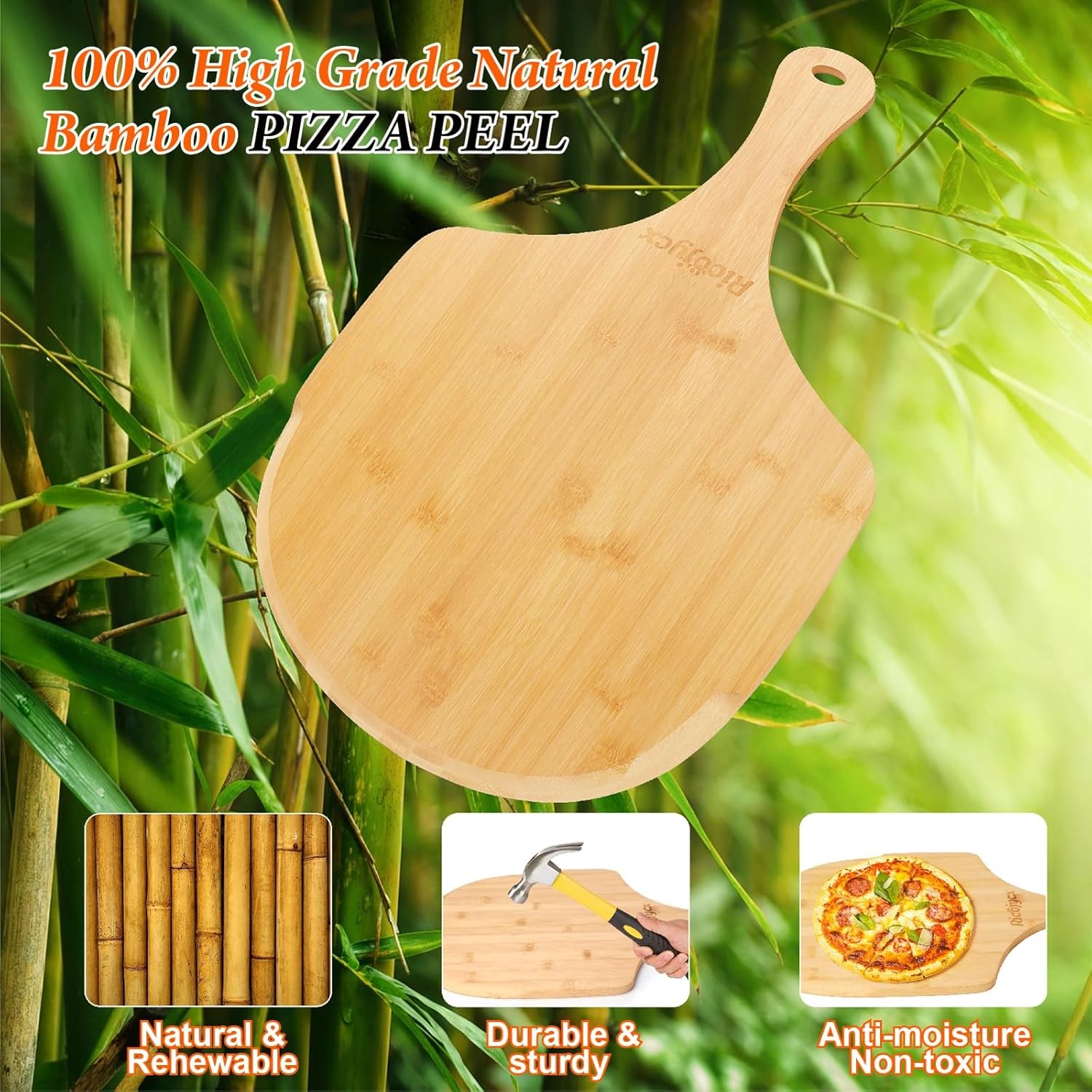2X Natural Bamboo Pizza Peel 14 inch Wood Pizza Paddle Cutting Board for Pizza