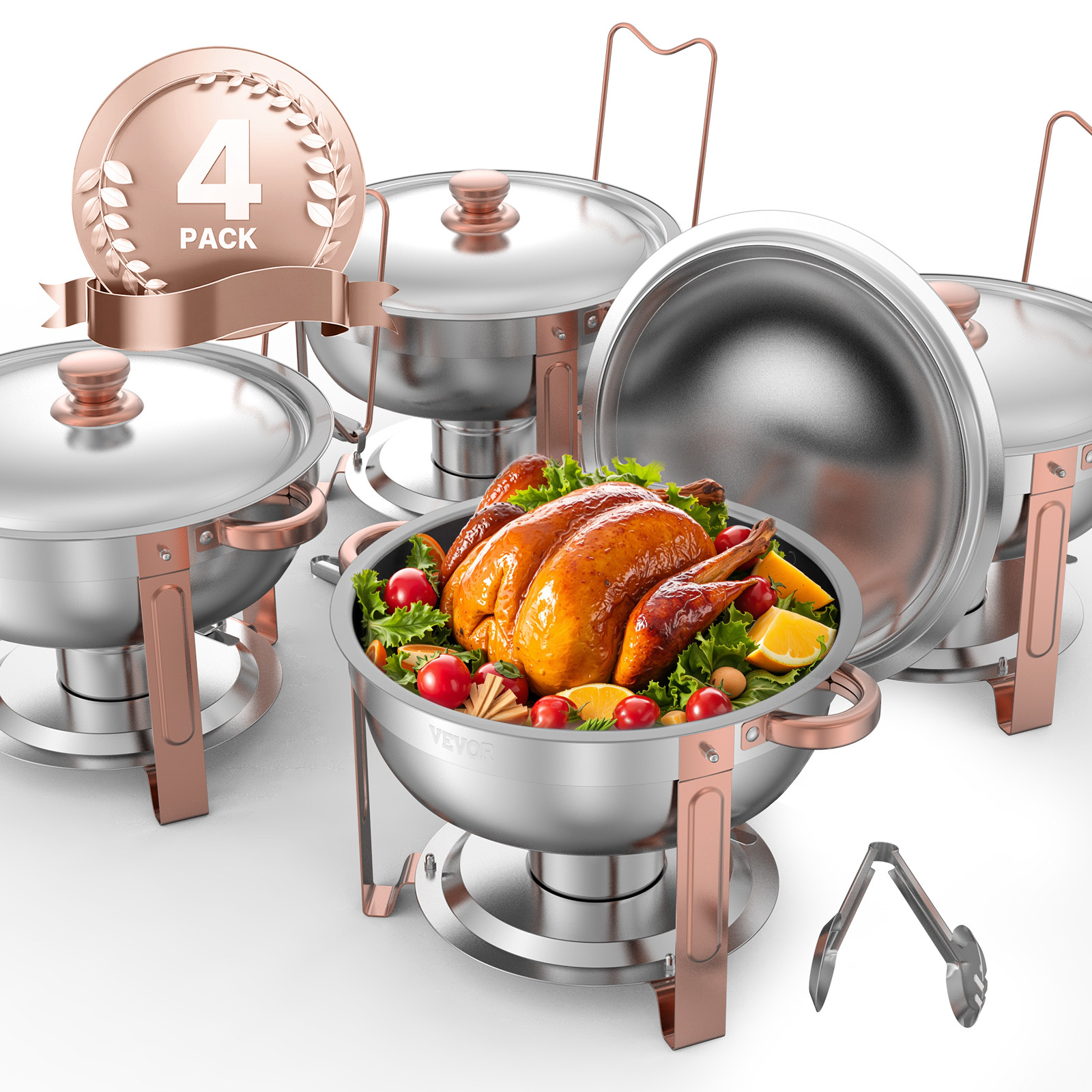 VEVOR 5 Qt 4 Pack Round Chafing Dish Buffet Set Fullsize Pan Stainless Steel