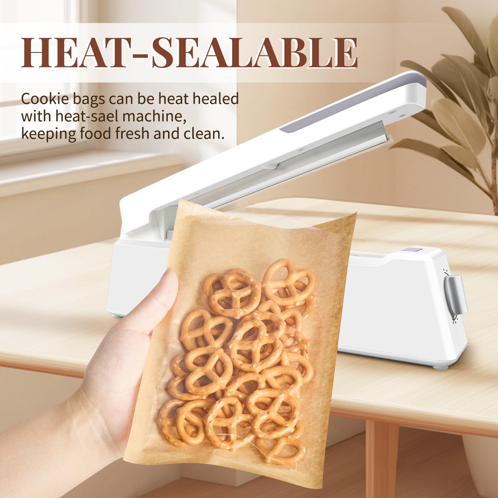 ZORRITA 100 Pack Heat-Sealable Cookie Bags with Window, Small, Brown – 100