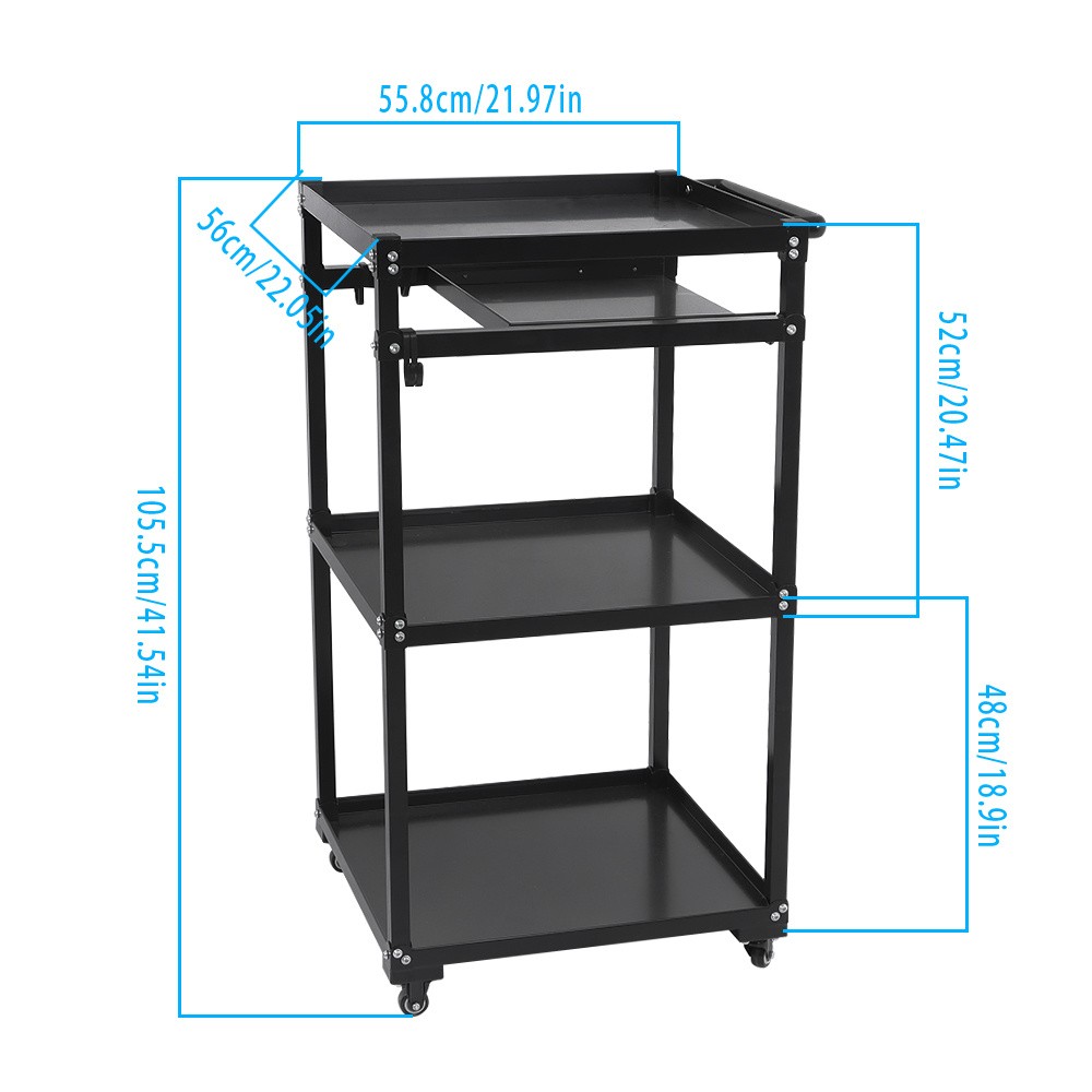 3 Shelf Aluminum Mobile Working Platform Height Adjustable AV Utility Hand Cart