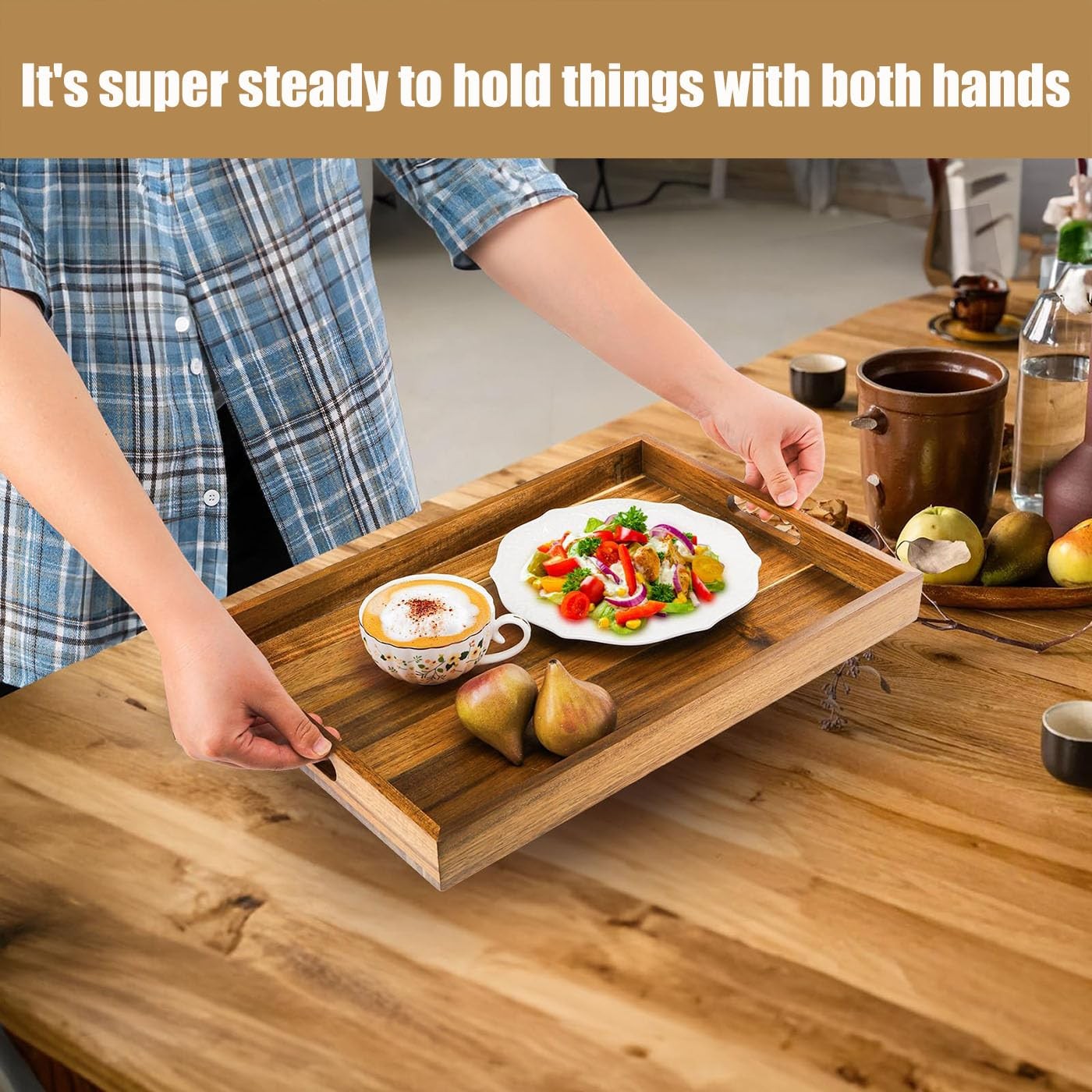 17in Acacia Wood Serving Tray with Handles