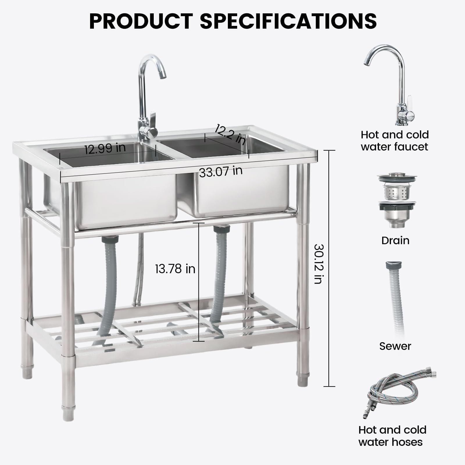 Stainless Steel Utility Sink 33″x18″x30″ Free Standing Double Bowl Sink w/Faucet