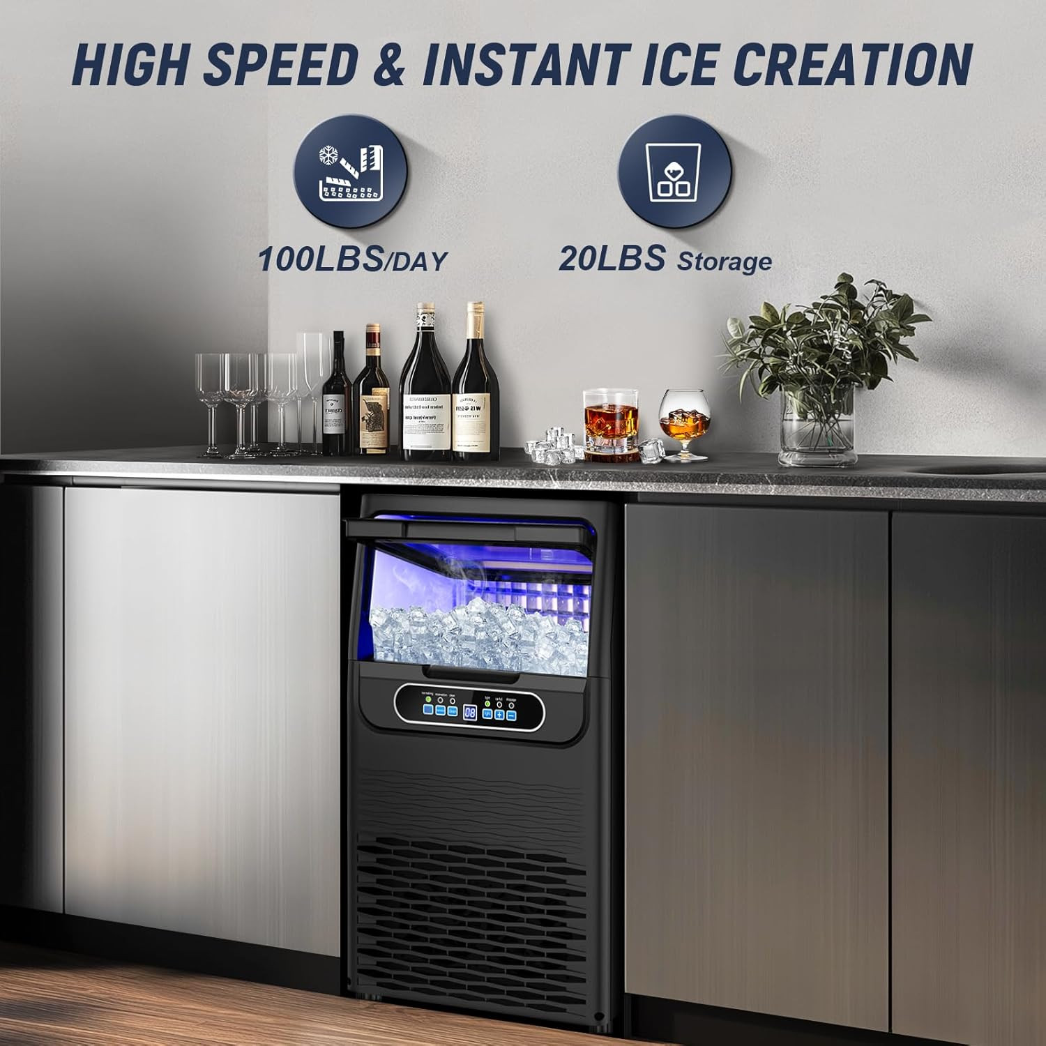 Black 100LBS/24H Ice Maker with 20LBS Bin for Home & Outdoor Bars
