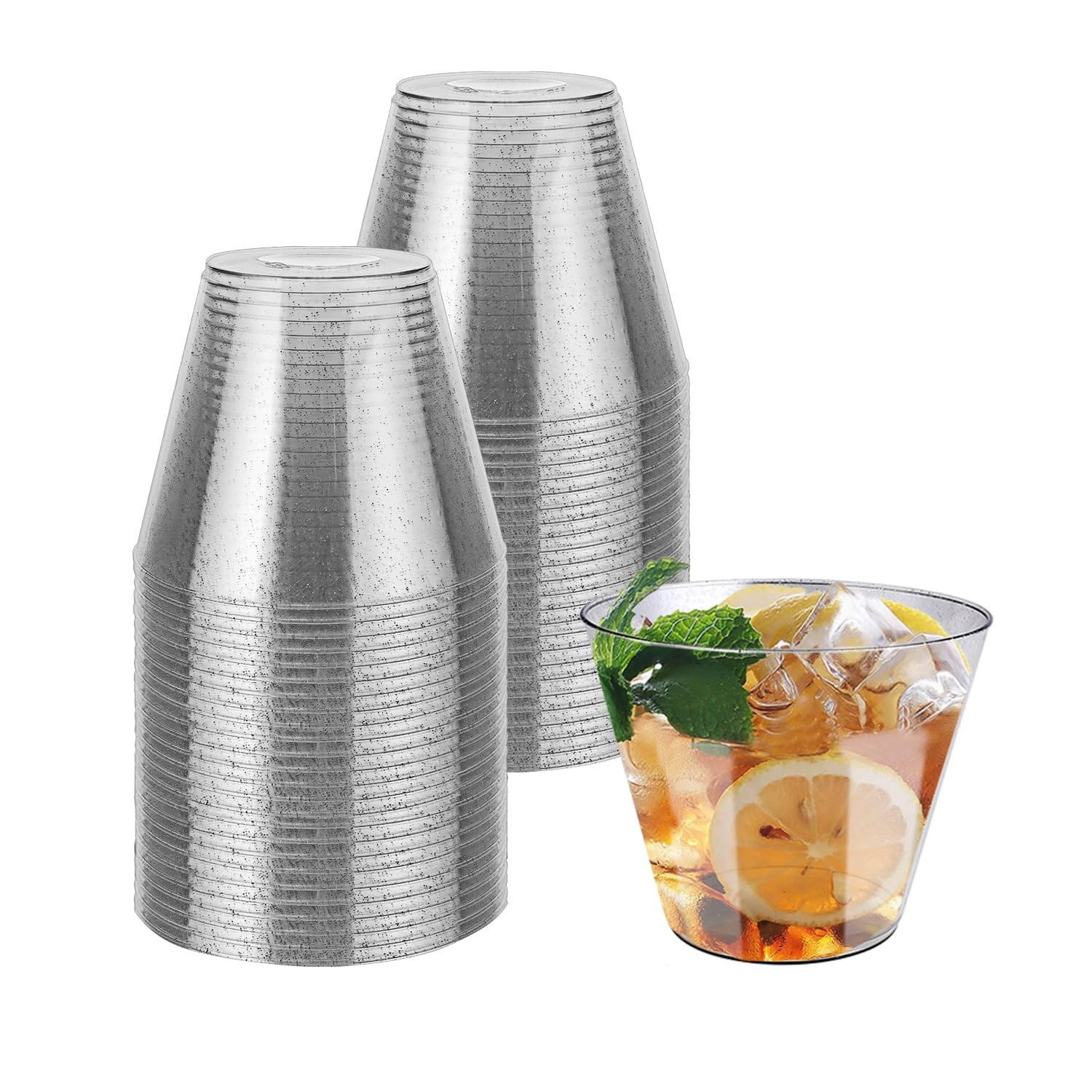 9 oz Glitter Sliver Plastic Cups, Disposable Clear Fancy and Reusable, 50 Cou…
