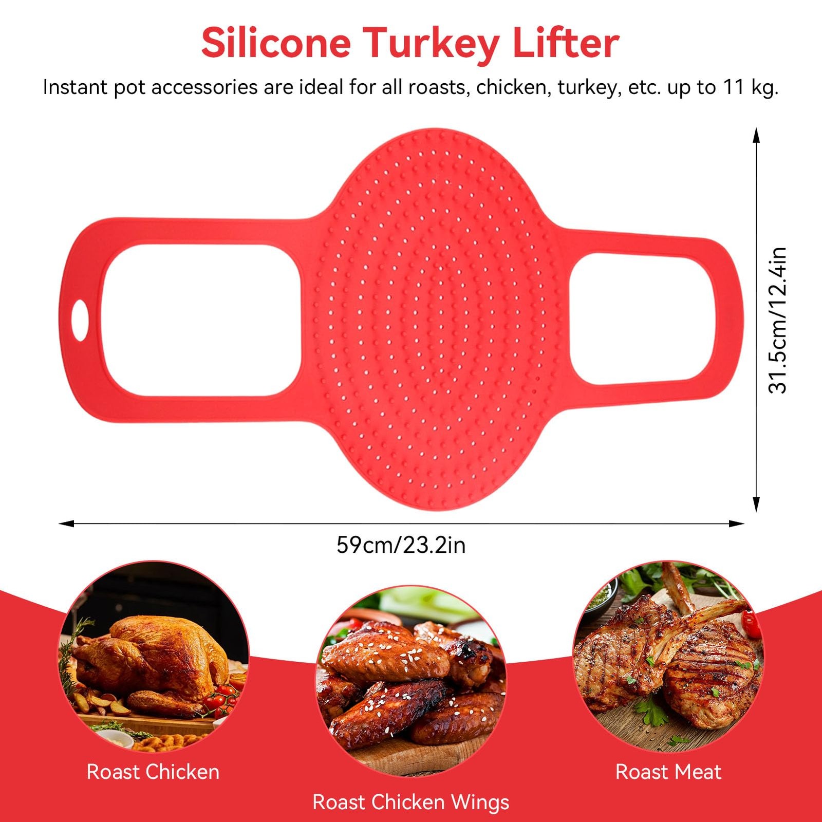 Silicone Turkey Lifter, Reusable Steamer Basket Heat 23.2″L x 4.9″W, Red