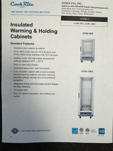 ATHC-9ES Heated Insulated Cabinet (Holds 9 Pans)