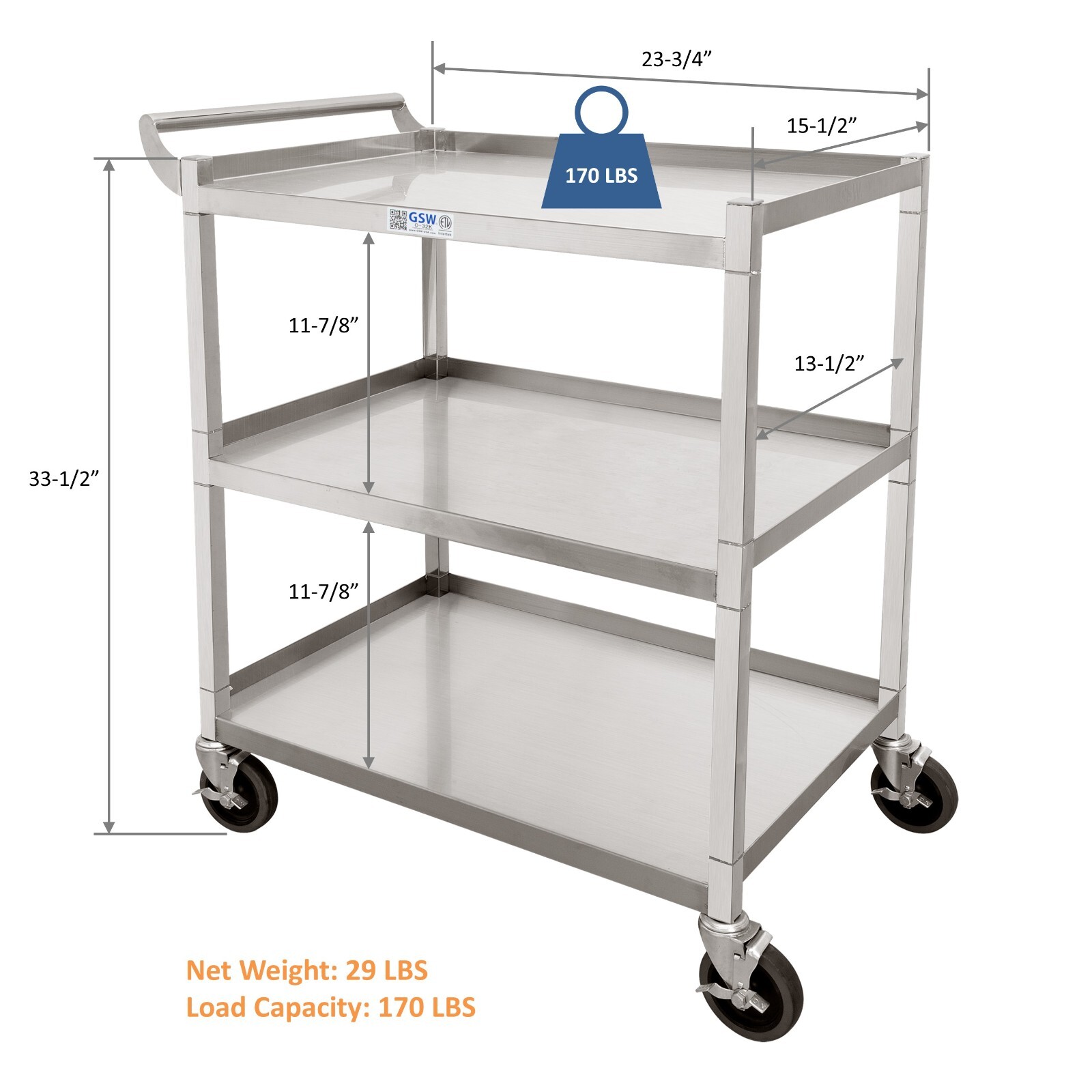 GSW C-31K Stainless Steel Cart with Swivel Casters (26.5″W x 15.5″D x 35.5″H)