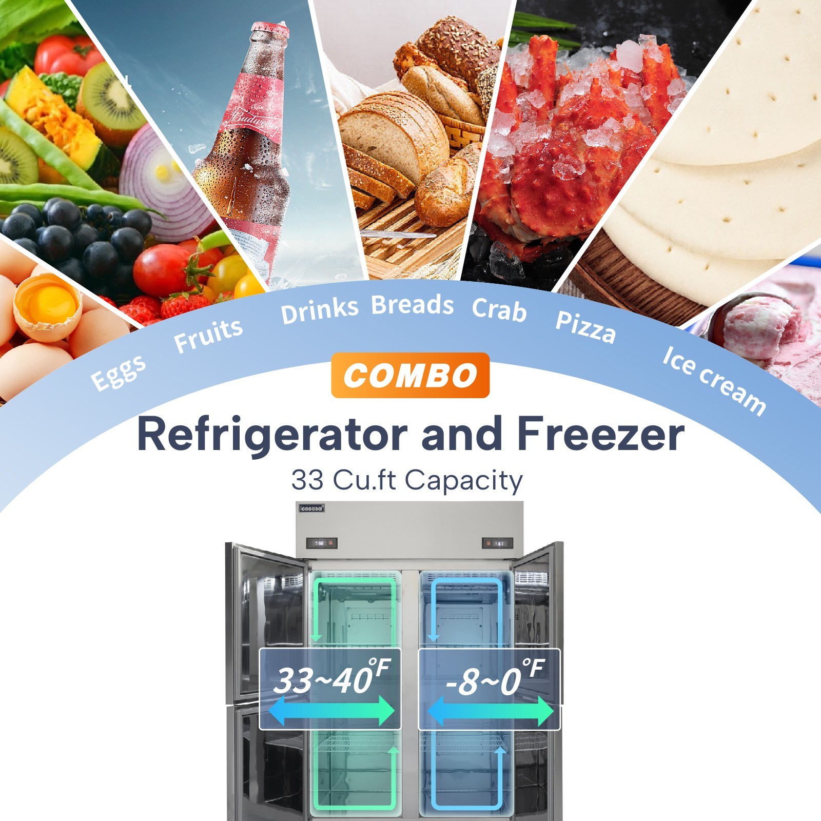ICECASA 48″ Commercial Refrigerator Freezer Combo Split Door 33 Cu.ft Stainless