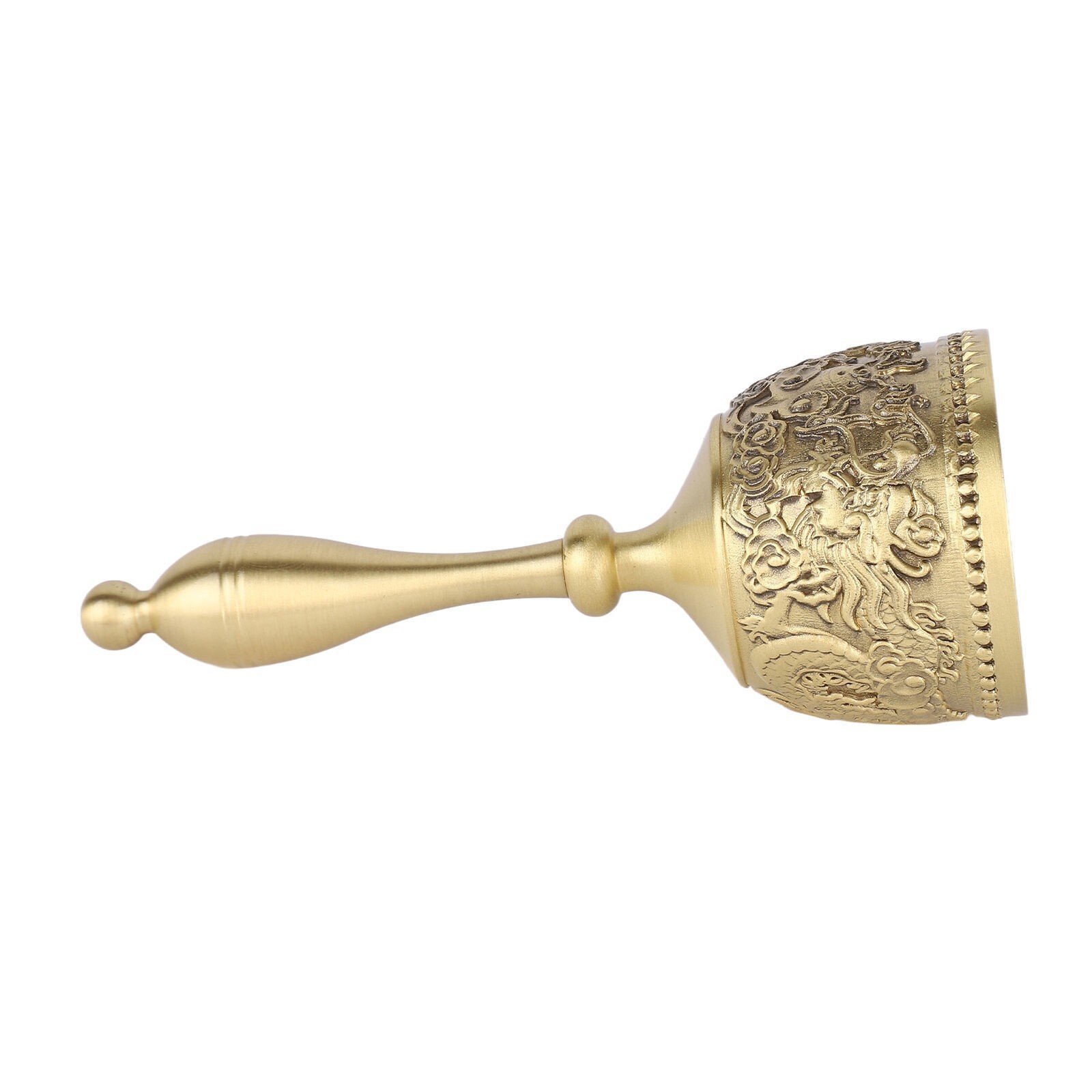 Hand Call Bell 4.7in Long Pure Brass Exquisite Carved Pattern Curved Handle