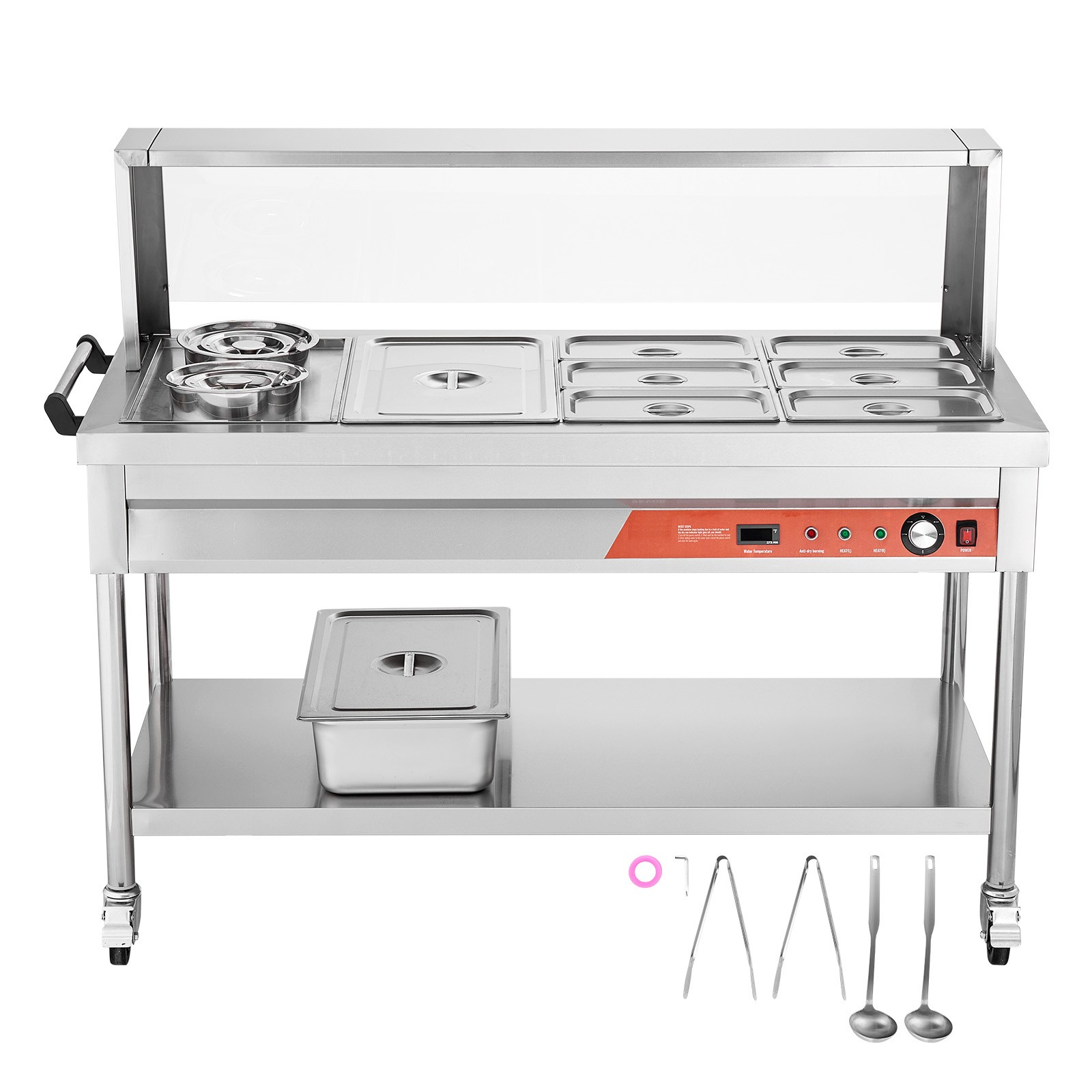 8 Pans + 2 Pots Commercial Food Warmer Steam Table with Undershelf Shield