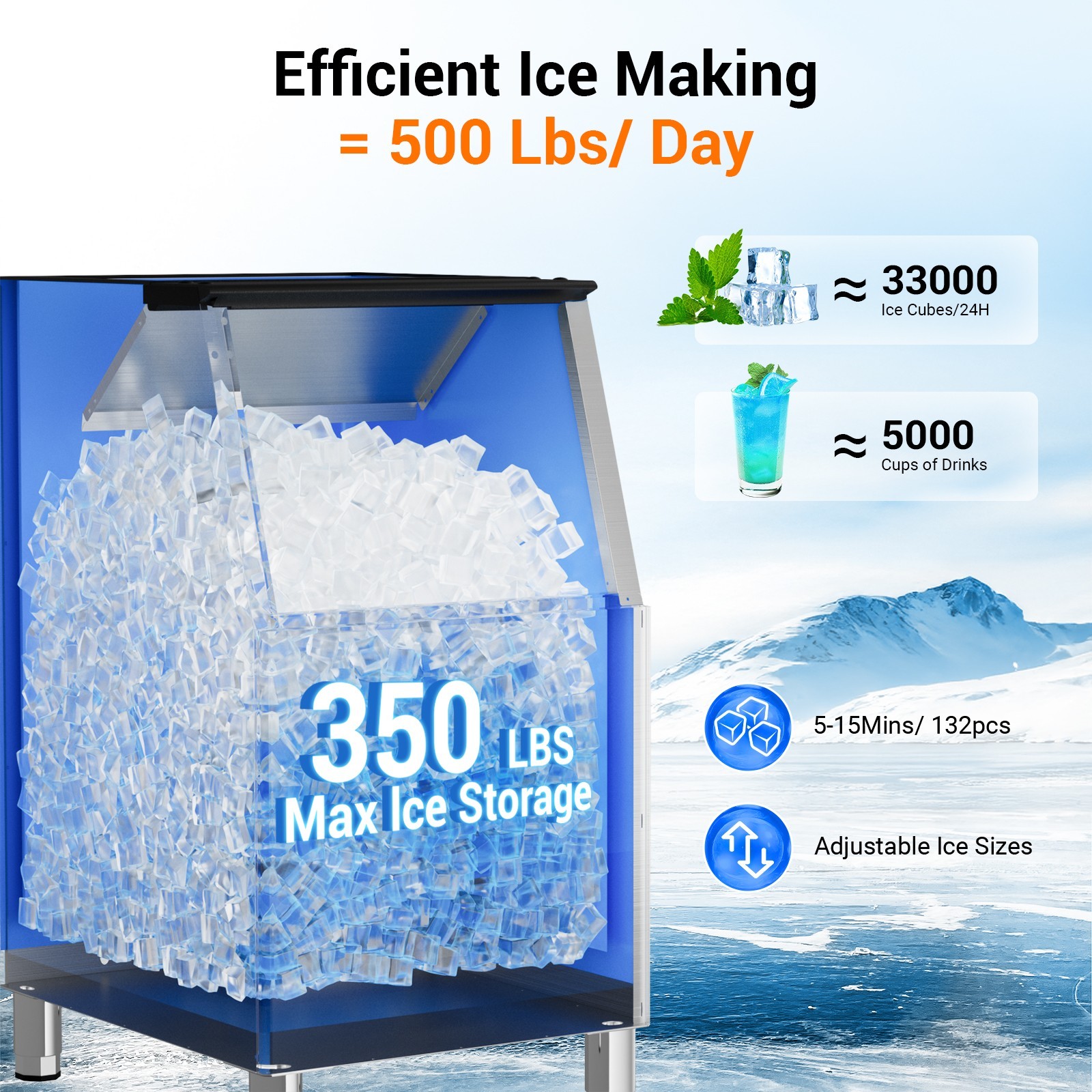 550LBS/24H Air Cooling Commercial Ice Maker Machine with 400lbs Storage Bin