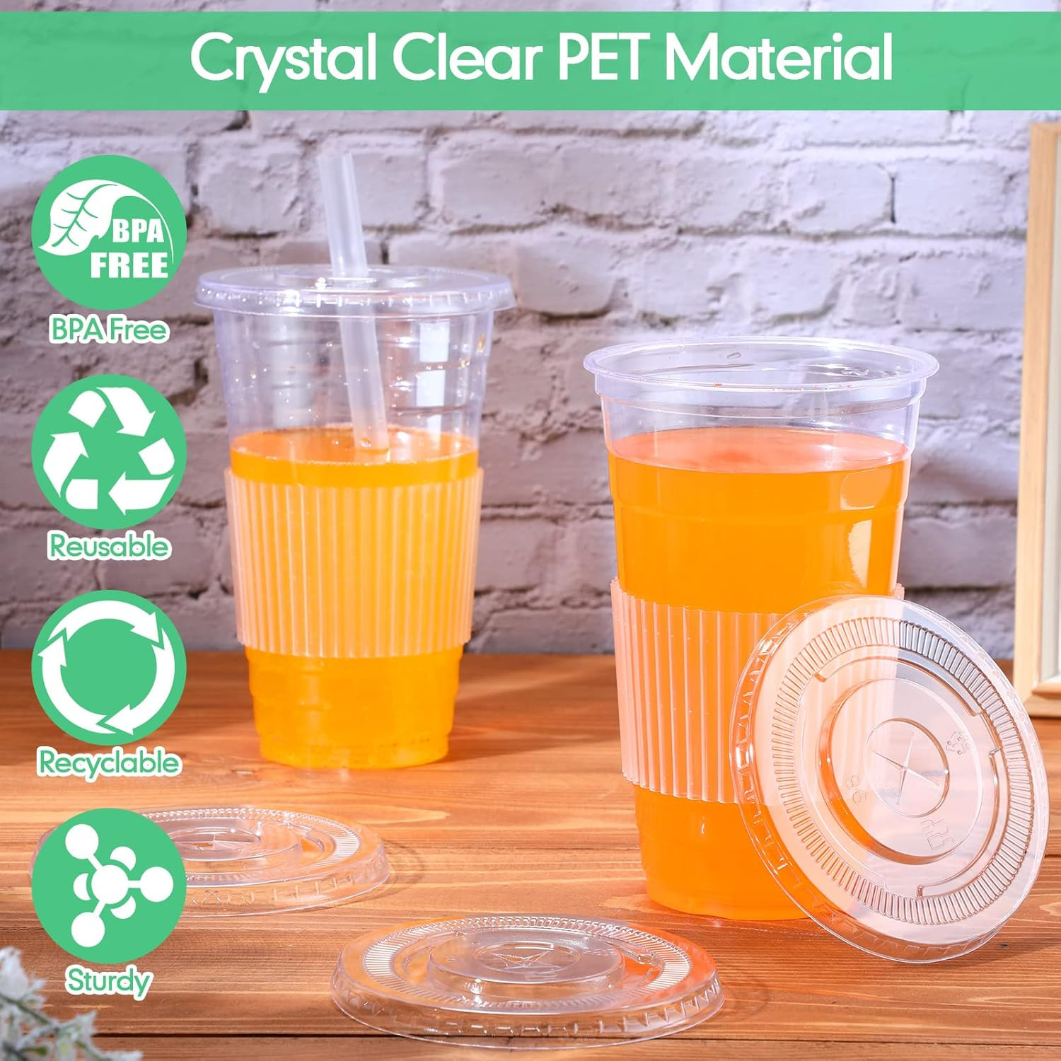 200 Pcs Clear Flat Lids Plastic Disposable PET Cup Lids with Straw Slot Fits for