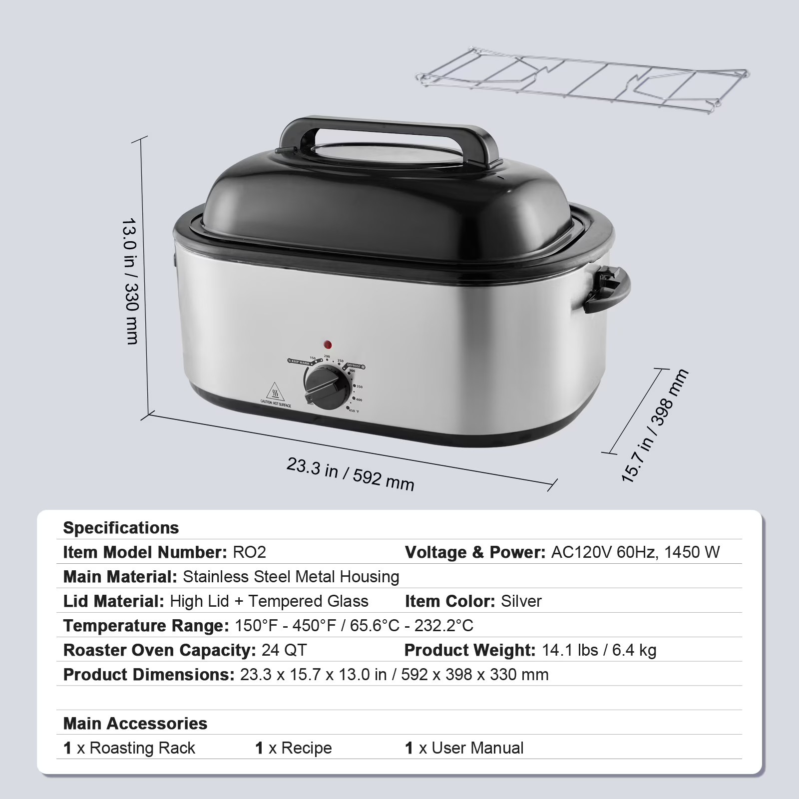 KFFKFF 24QT Electric Turkey Roaster Oven 1450W Fits 28LBS Turkey Silver
