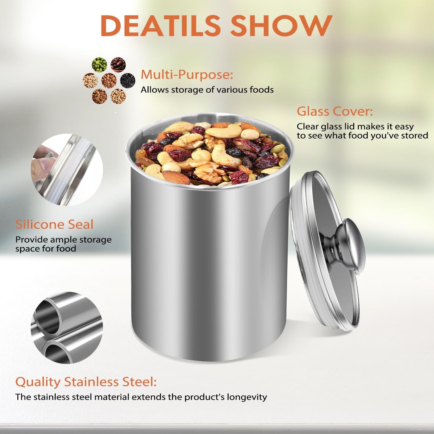 Stainless Steel Food Storage Container Set of 3, 88/61/29 oz with Clear Glass
