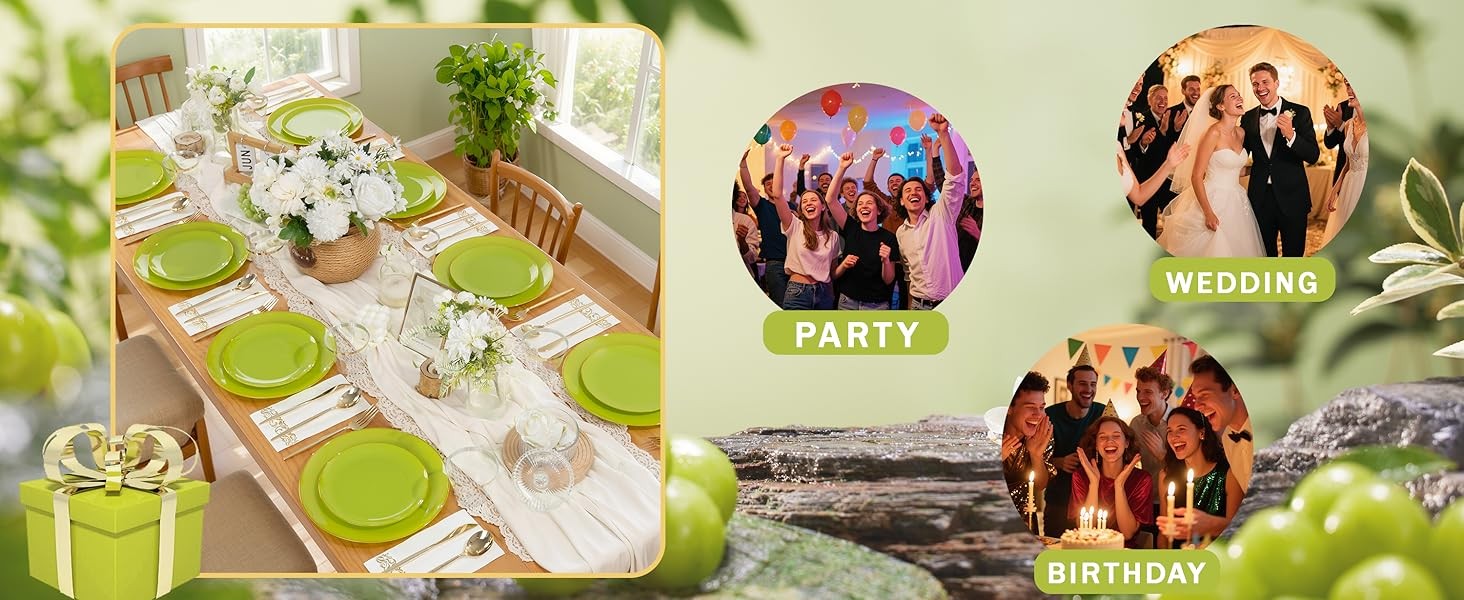 MirthMood 210pcs Green Plastic Plates,Disposable Green Gold Party Plates,Include
