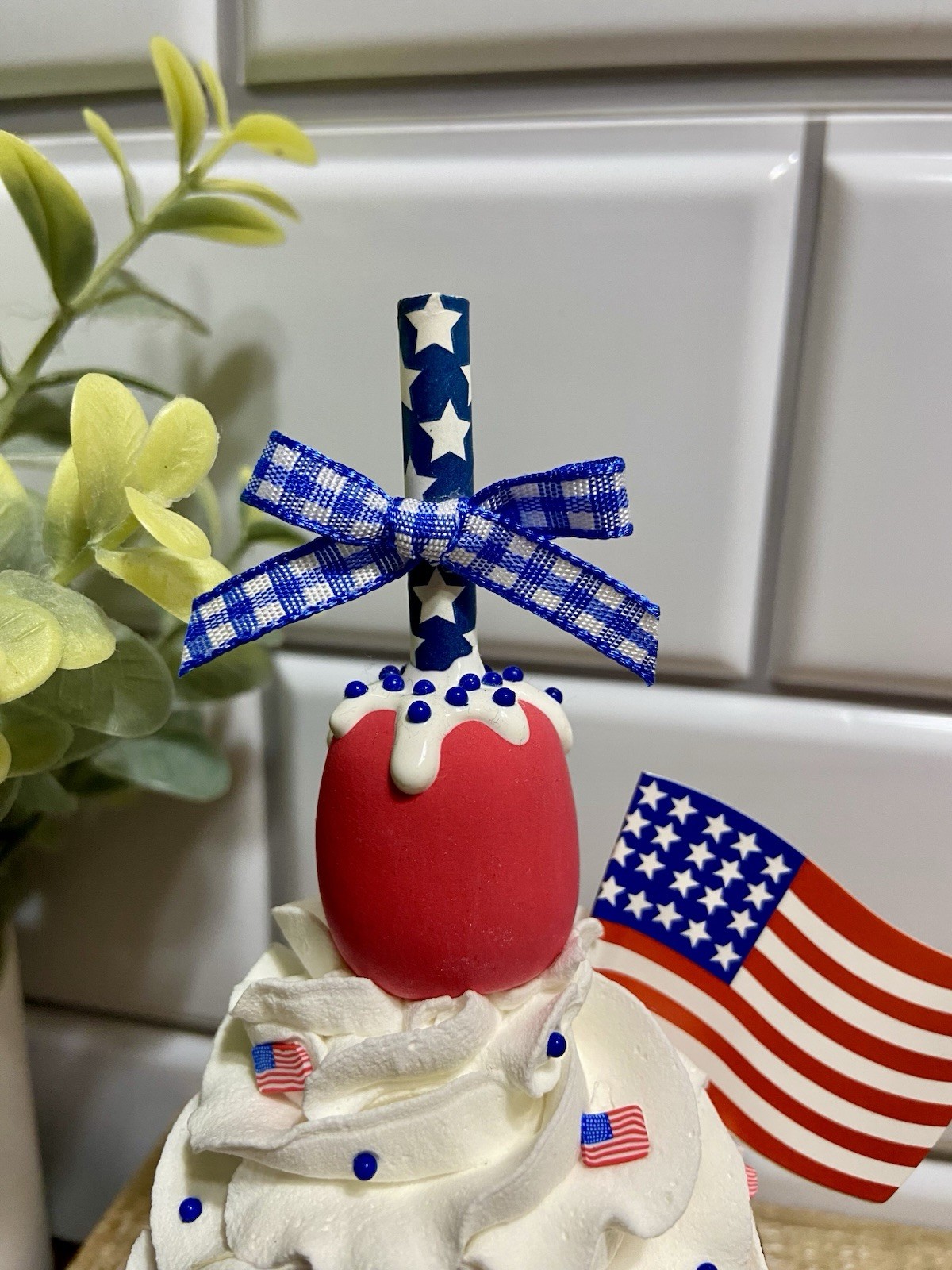 Cute USA Mini Ceramic Mug Faux Fake Whipped Cream Tiered Tray Decor PATRIOTIC