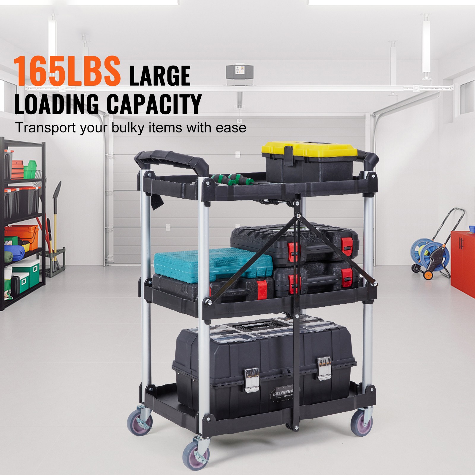 Uimoso Foldable Utility Service Cart 3 Shelf 165LBS with Swivel Lockable Wheels