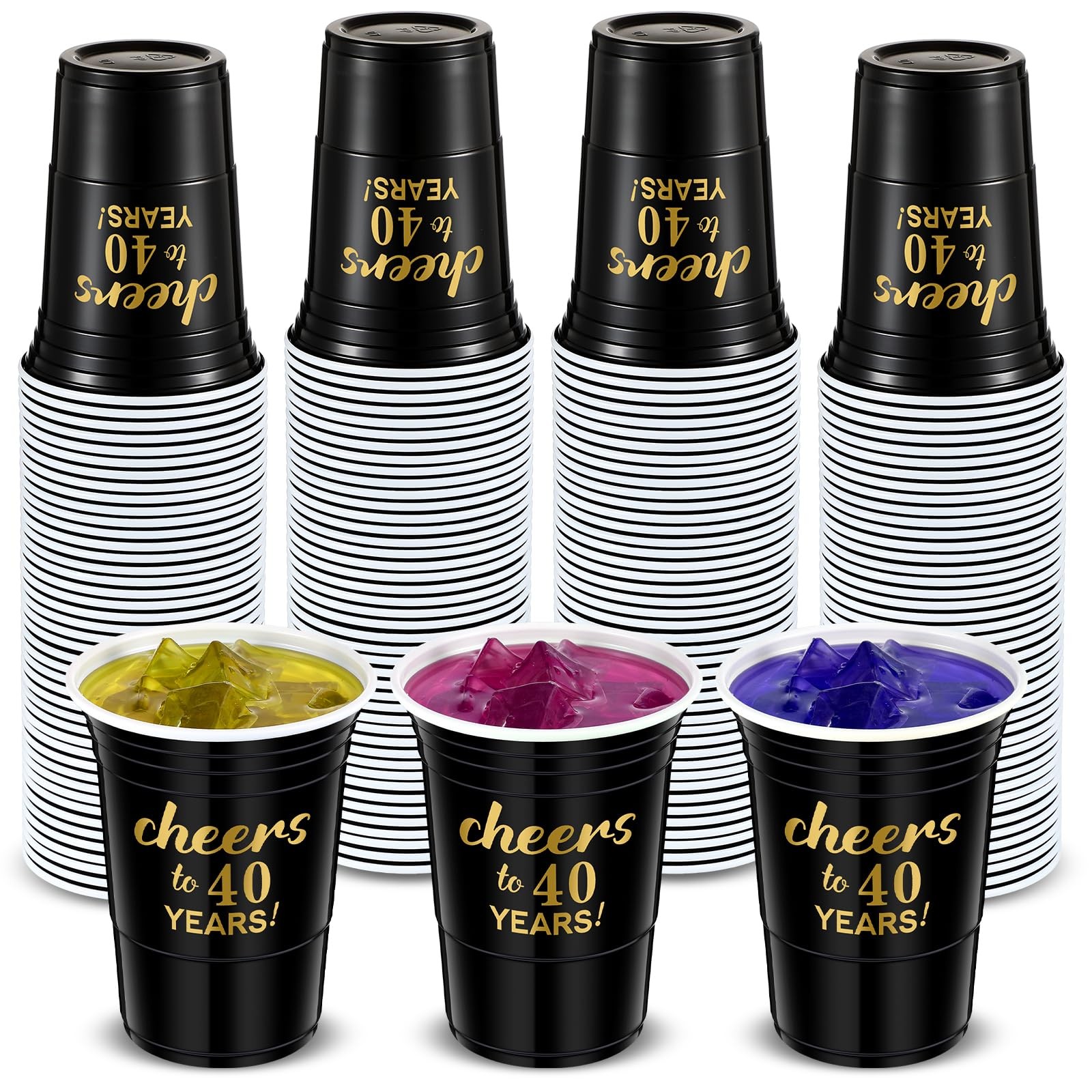 50 Pcs Cheers to 40 Years 16 oz Birthday Party Disposable Cups Black Gold Pla.