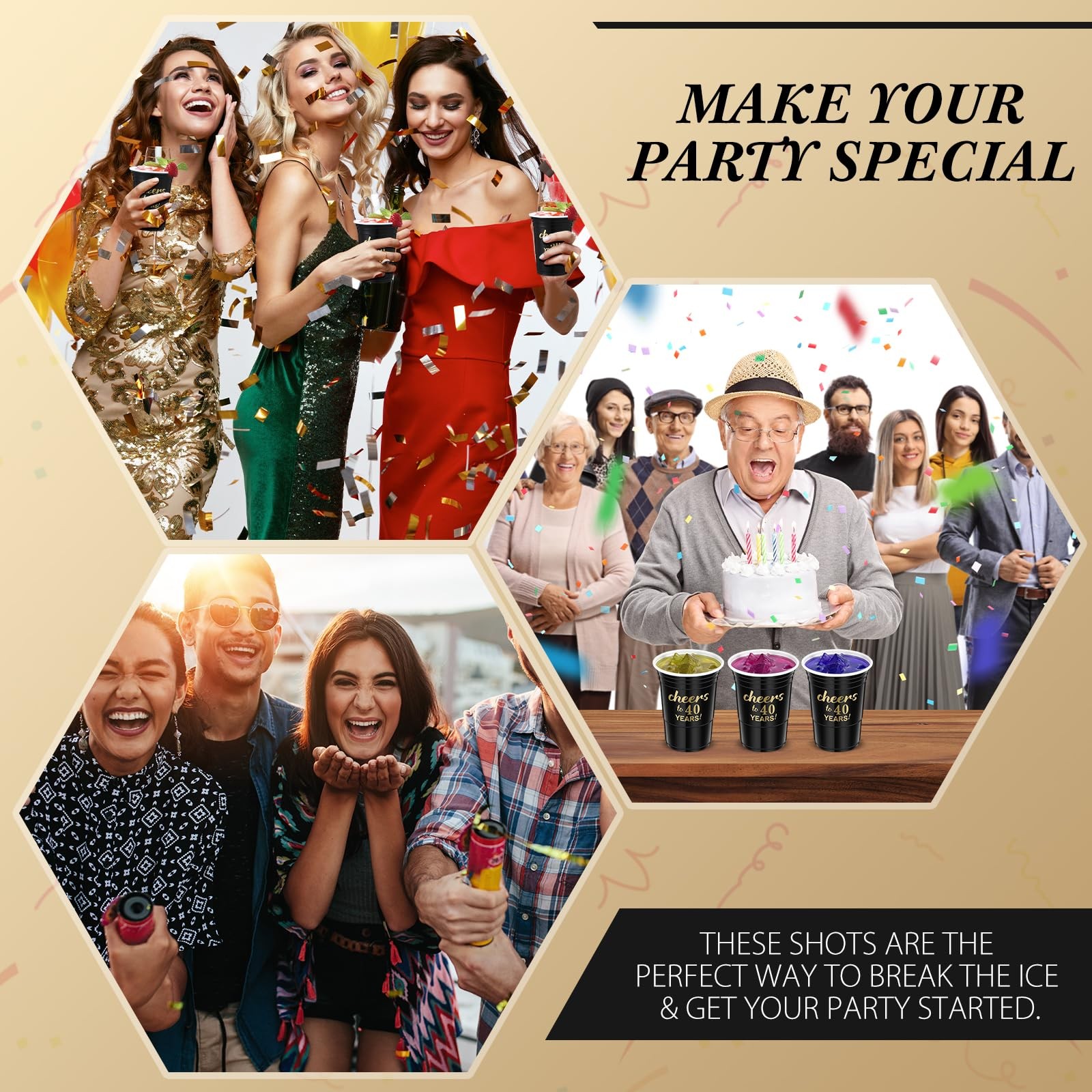 50 Pcs Cheers to 40 Years 16 oz Birthday Party Disposable Cups Black Gold Pla.