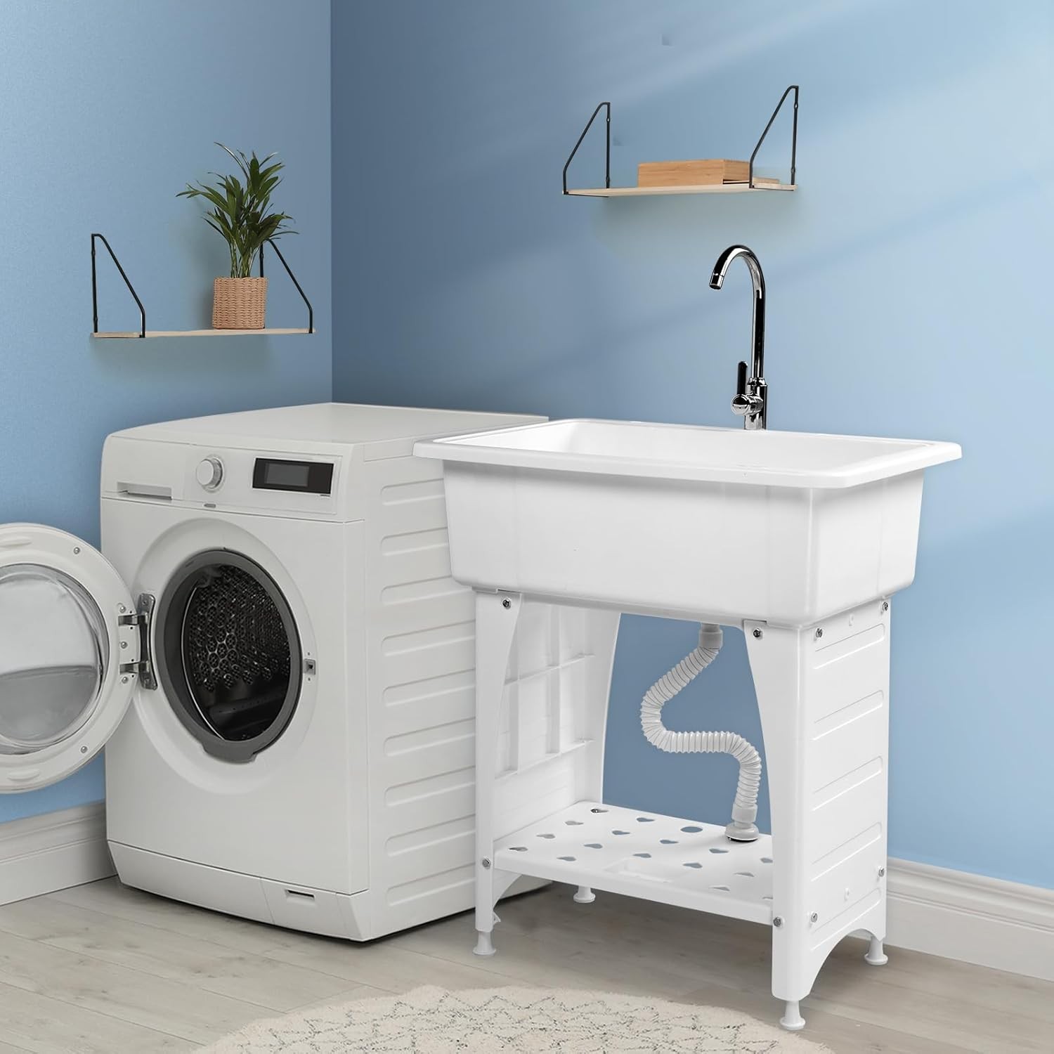 Utility Sink Laundry Tub for Washing Room with Removable Drainboard/Faucet White