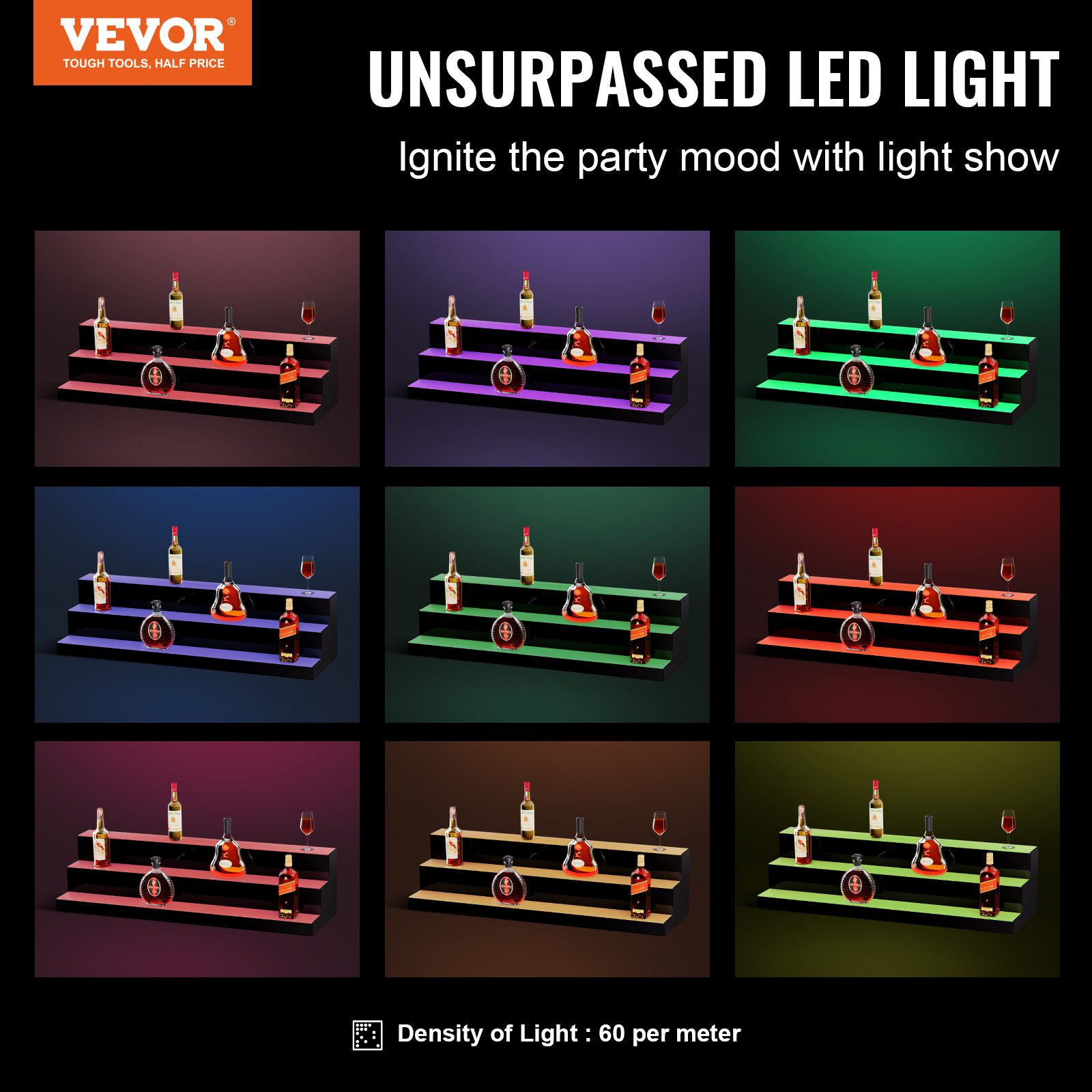 VEVOR LED Lighted Liquor Bottle Display Bar Shelf RF & App Control 40″ 3-Step