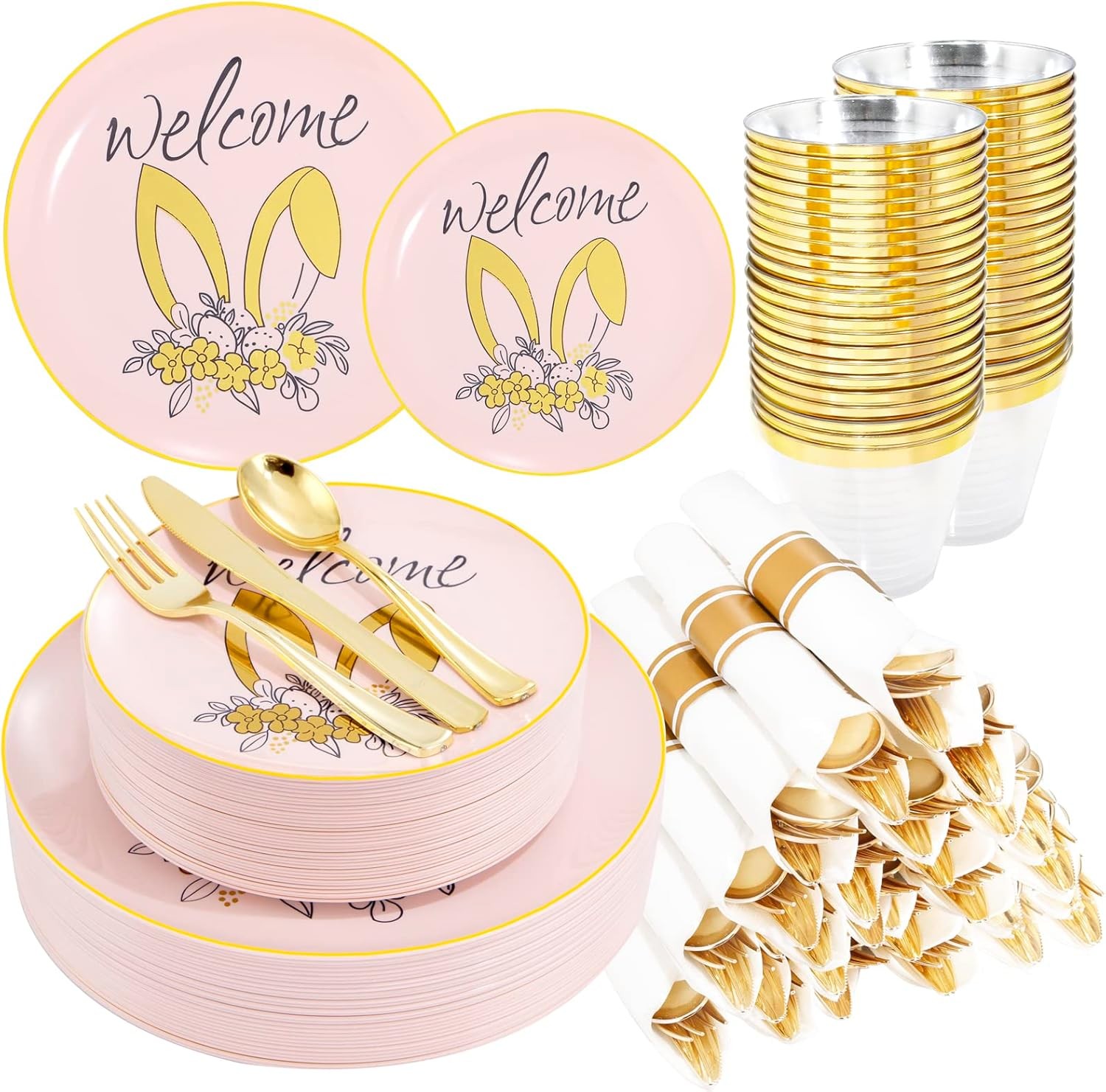 210Pcs Easter Plastic Plates,Pink Gold Party Plates with Bunny Egg Design