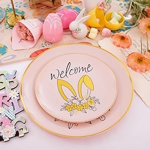 210Pcs Easter Plastic Plates,Pink Gold Party Plates with Bunny Egg Design